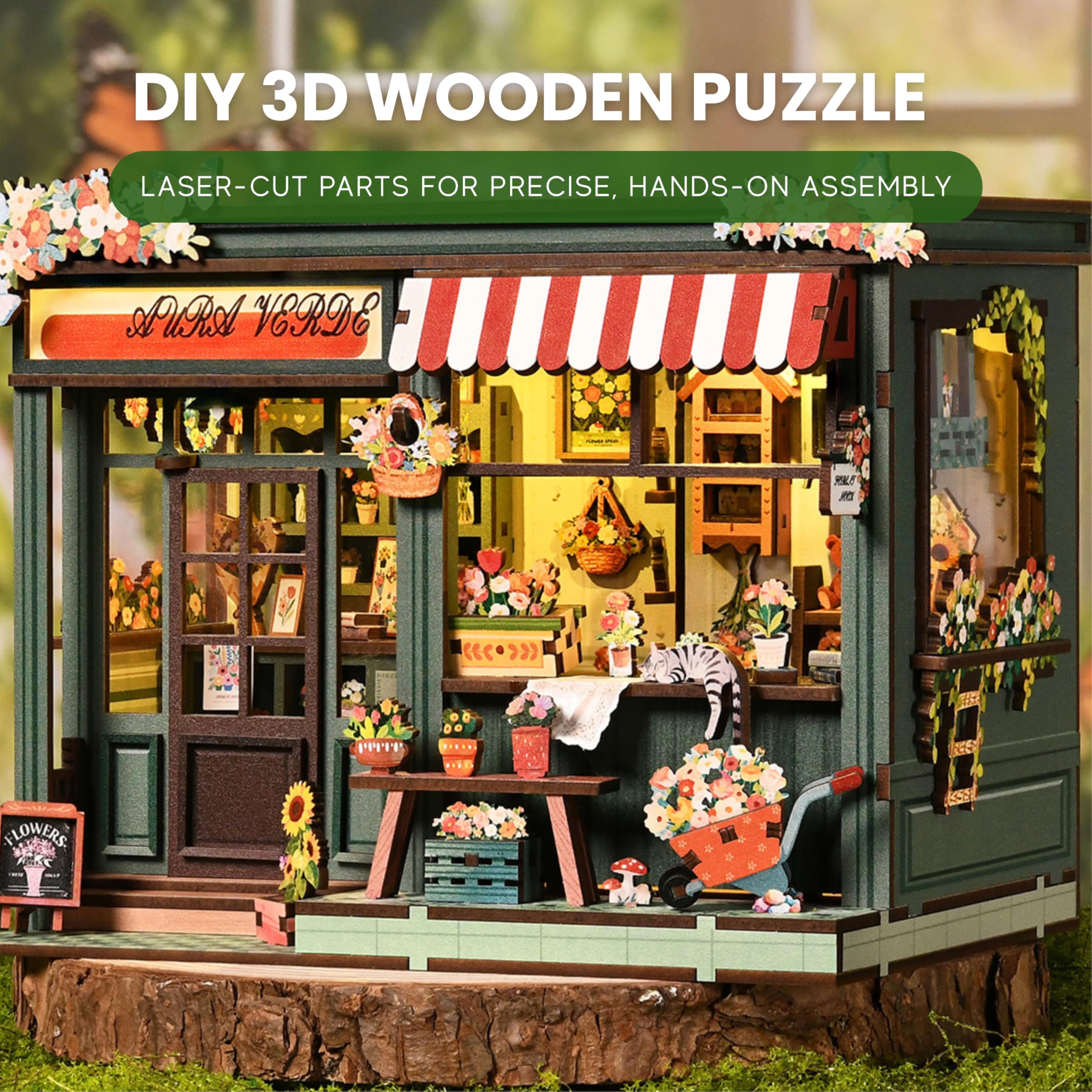 DIY Book Nook Kit mit LED-Lichtern - 3D-Holzpuzzles für Erwachsene (Aura Verde Blumenzimmer)