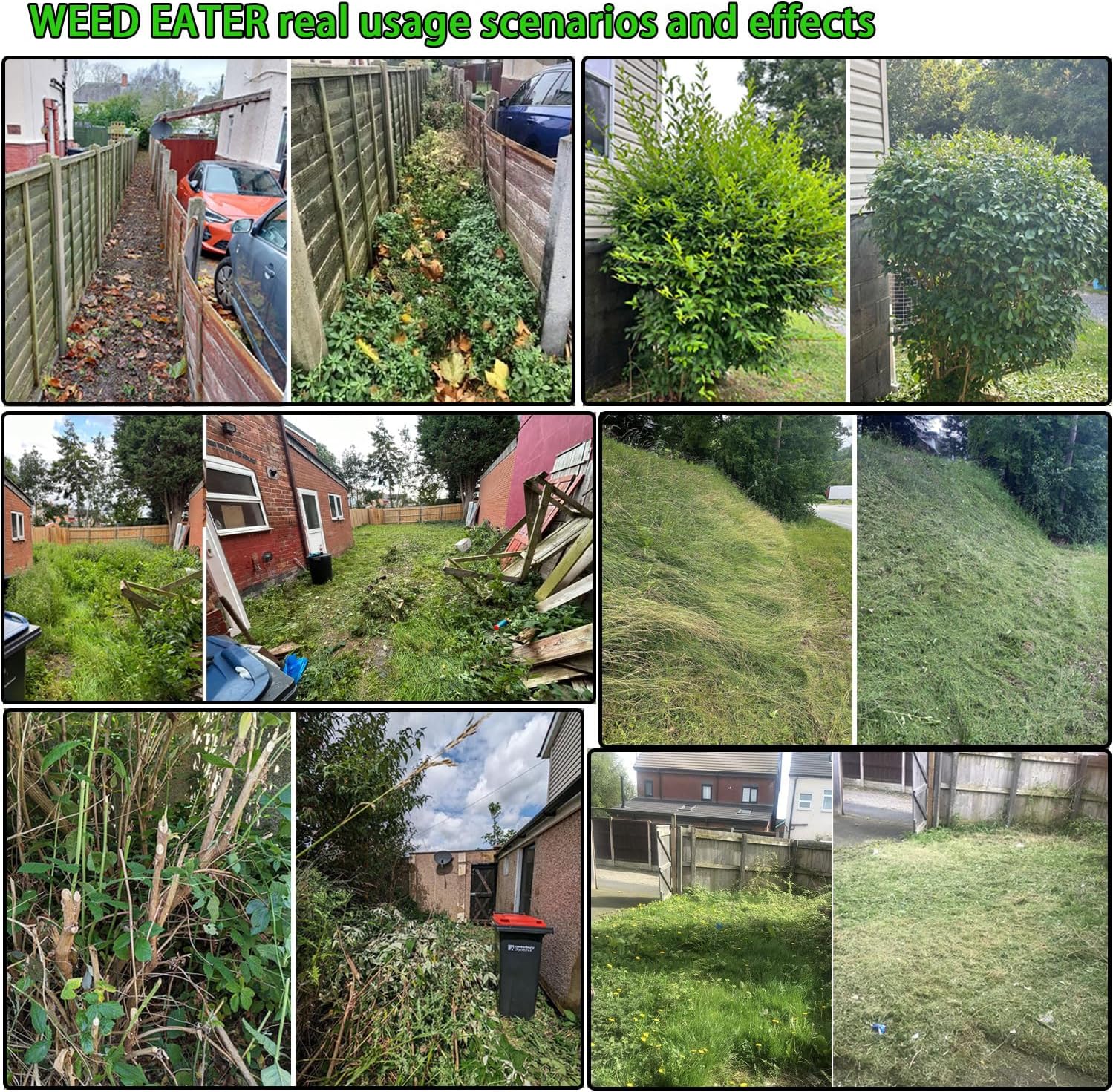 Before and after images of areas cleared with the weed wacker