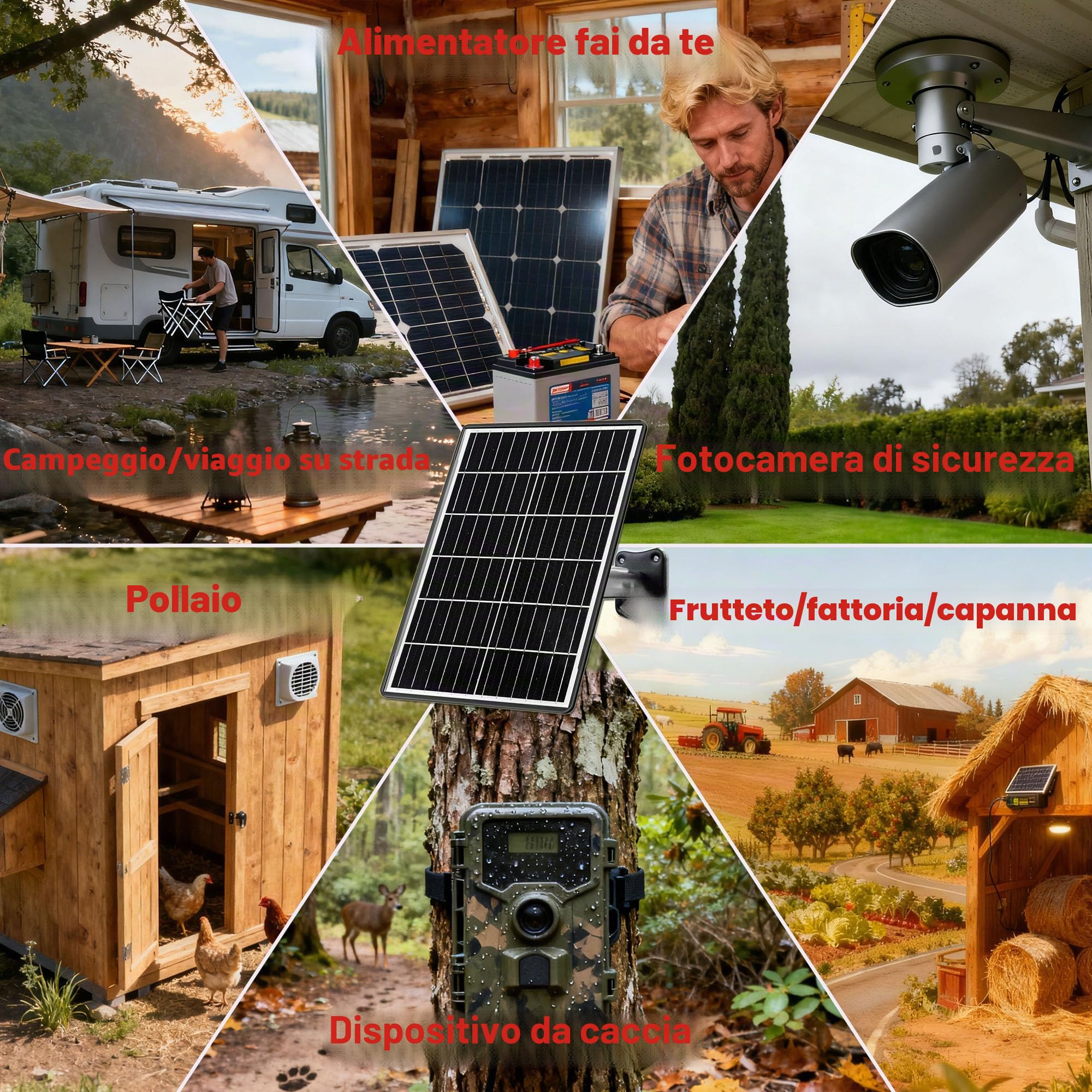 Kit di pannello solare 15 W con batteria integrata 16000 mAh Tensione: 5 V/6 V/9 V/12 V Corrente: 1,5 A Caratteristiche USB-C, Micro-USB e DC 2,1/1,7/1,35 mm Compatibile con tutte le telecamere di