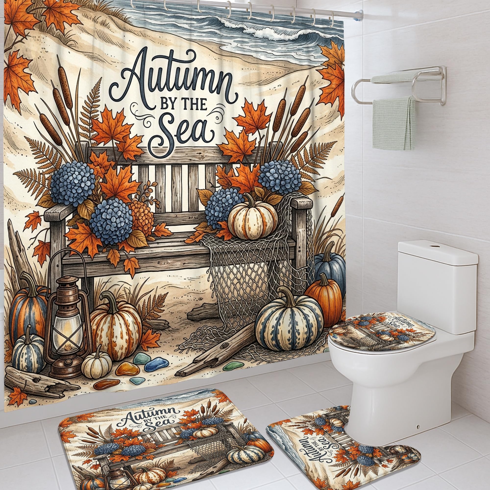 Rideau de douche en tissu motif citrouilles et tapis de luxe