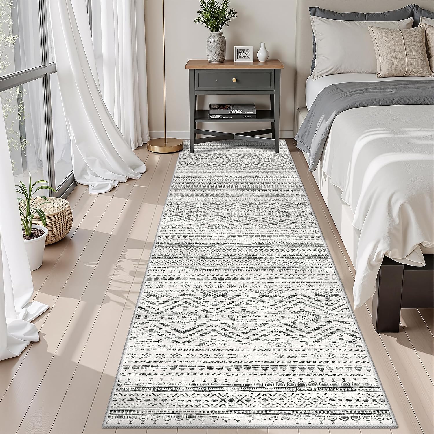 Miukiki 2x10 Runner Rug Moroccan Washable Hallway Runner Rug Non Slip Indoor Floor Kitchen Rug Foldable Carpet for Bathroom Laundry Room with Low Pile(Grey,2'x10')