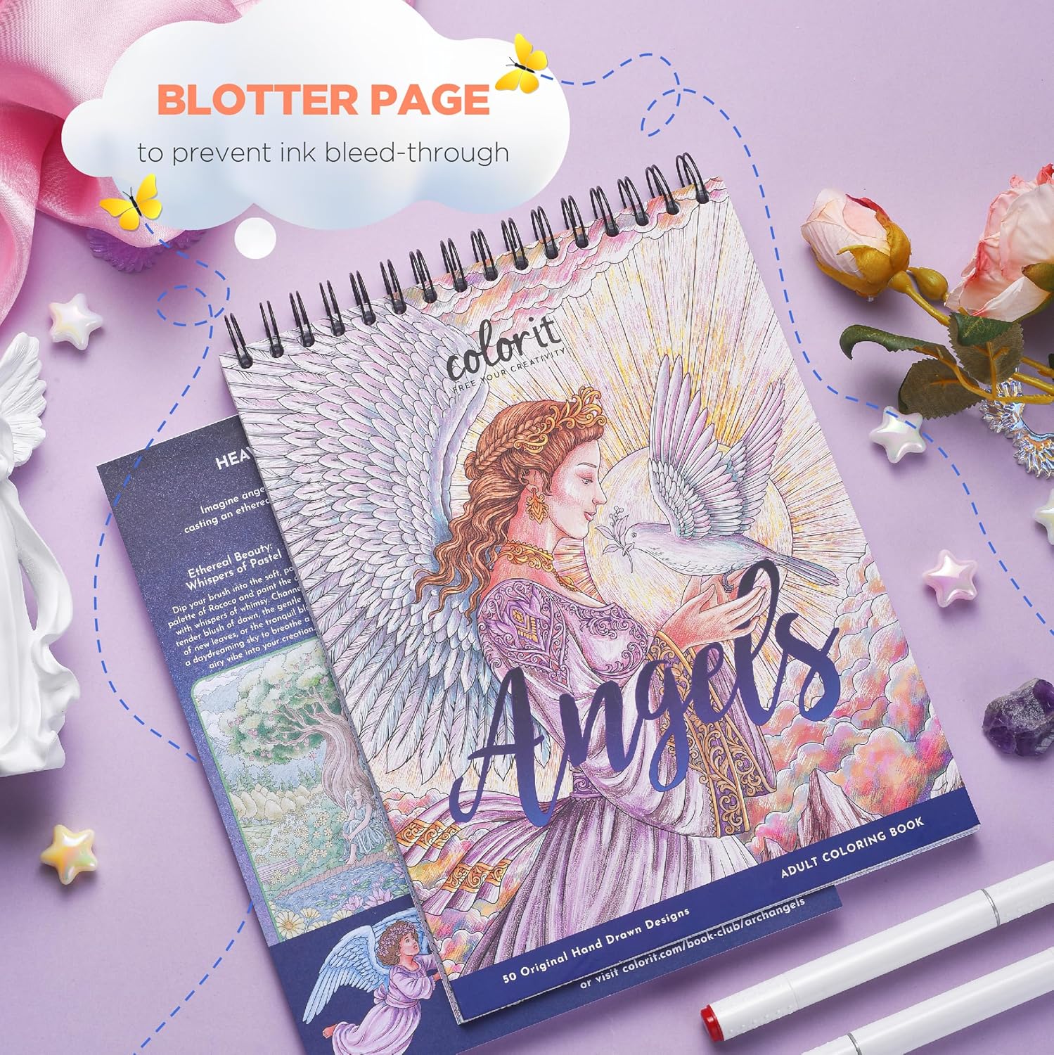 ColorIt Angels Undefined Spiral Bound Adult Coloring Book, 50 Original Illustrations of Celestial Cherubs and Archangels - Thick Paper, Perforated Pages, Hard Book Covers, Ink Blotter Paper