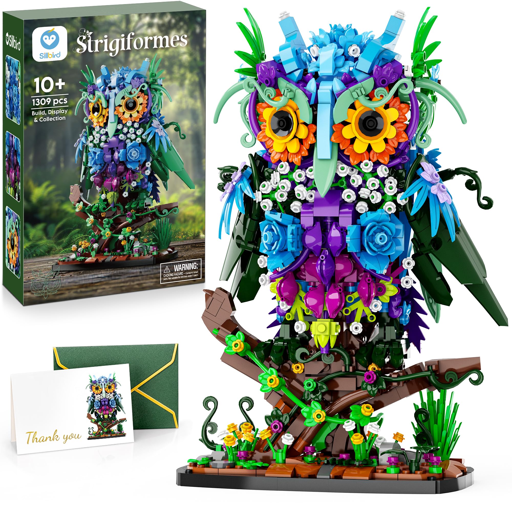 Sillbird Owl Animal Flowers Building Toy Set, MOC Floral Collectible Model for Valentines Day Home Decor or Office Art, Birthday Creative Gifts for Adults or Teens Kids 8+ (1309 Pieces)