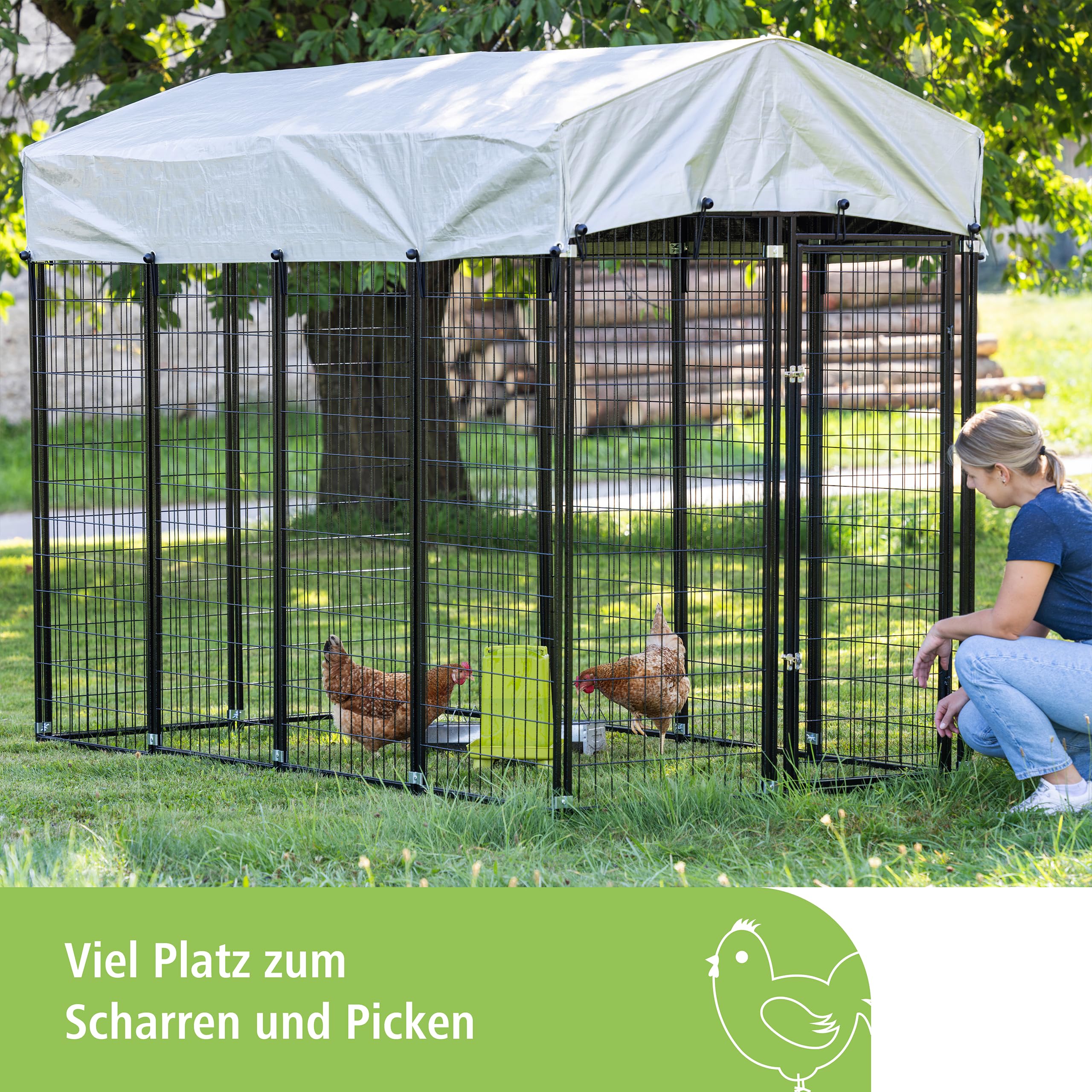Kerbl Hobbyfarming Freilaufgehege Space, Freigehege, Hühnerzaun, schwarz, Metall pulverbeschichtet, 243x127x184cm, Gitterabstand 10cm, Sonnenschutz