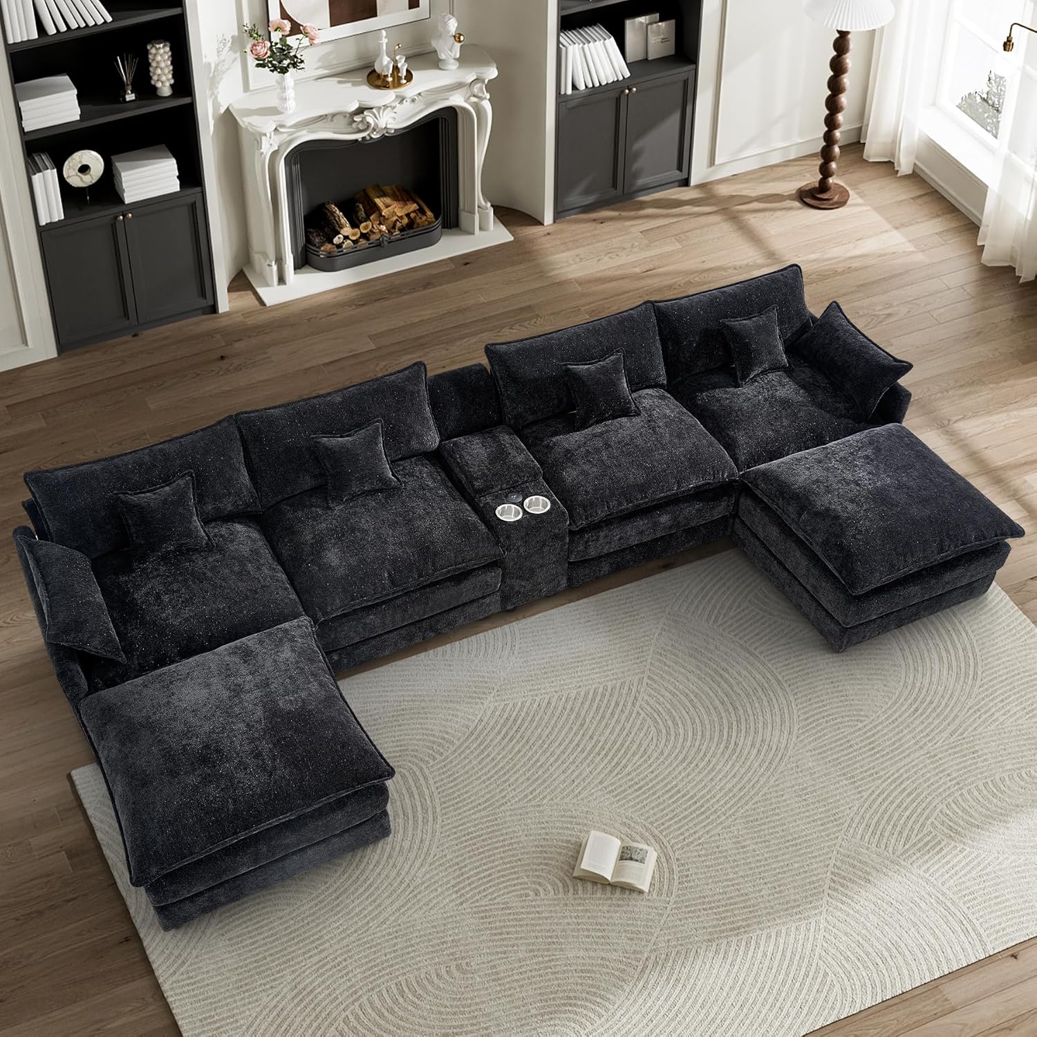 Incomplete set 144.5-Inch Oversized U-Shaped Symmetrical Sectional Sofa 6 Seaters Chenille Cloud Cushions Modular Sofa Couch with 2 Ottomans,Storage Console, Cupholders and USB Ports for Living Room Furniture Sets