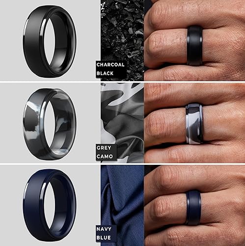 Miniatura 74 de ThunderFit Anillos de boda de silicona para hombre, 0.394 in de ancho y 0.098 in de grosor, paquete múltiple de variedad 1-7 Pack A: Negro