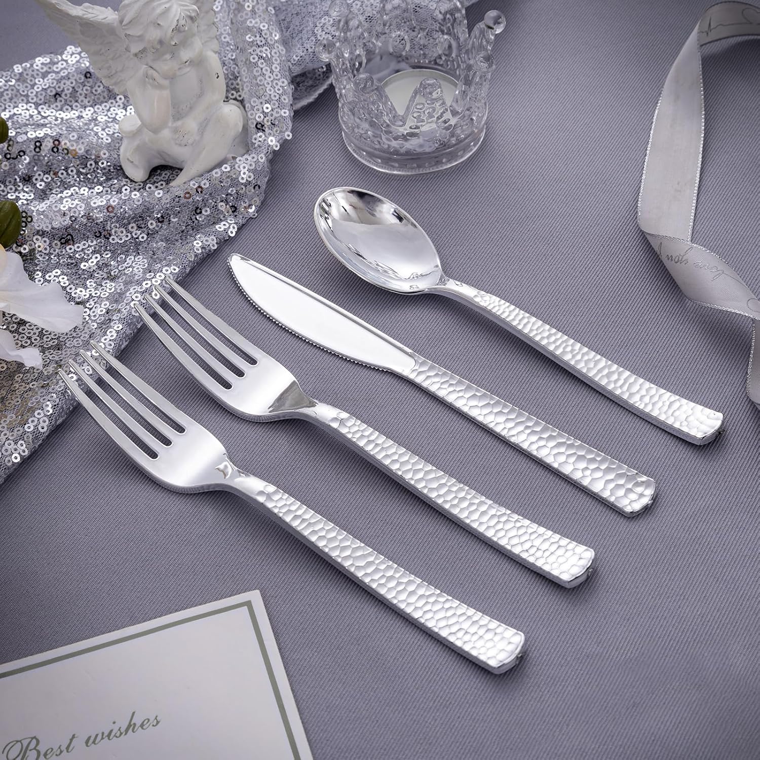 KIRE 400PCS Silver Plastic Silverware - Disposable Silverware, Heavy Duty Plastic Silverware Set Include 200 Silver Forks,100 Silver Knives,100 Silver Spoons for Party,Wedding for Christmas - Image 4