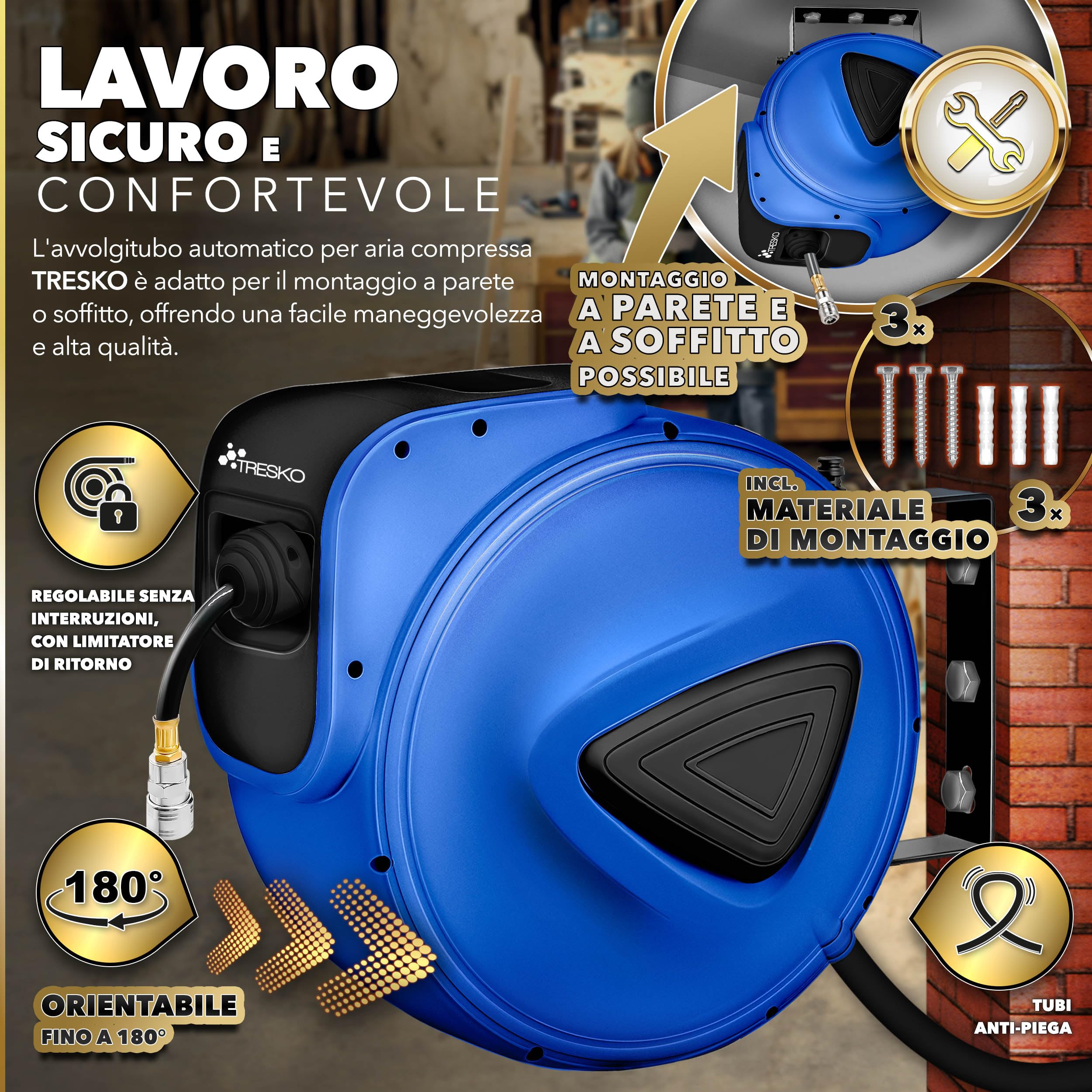 TRESKO® Avvolgitubo Aria Compressa 30 mt con Tubo | Avvolgitubo Pneumatico attacco 1/4" | Dispositivo di Arresto Automatico e Riavvolgitore Automatico, Blu