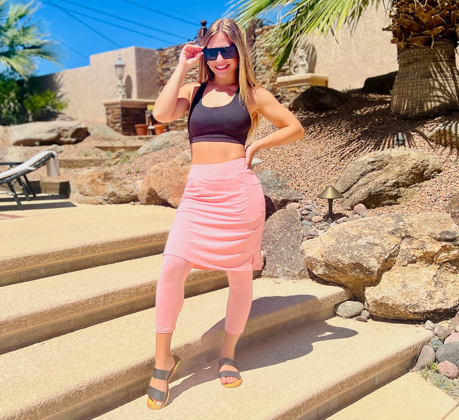 HOKOYI Modest Skirt with Leggings Attached for Women Workout Knee Length Swim Capri Pants with 2 Pockets
