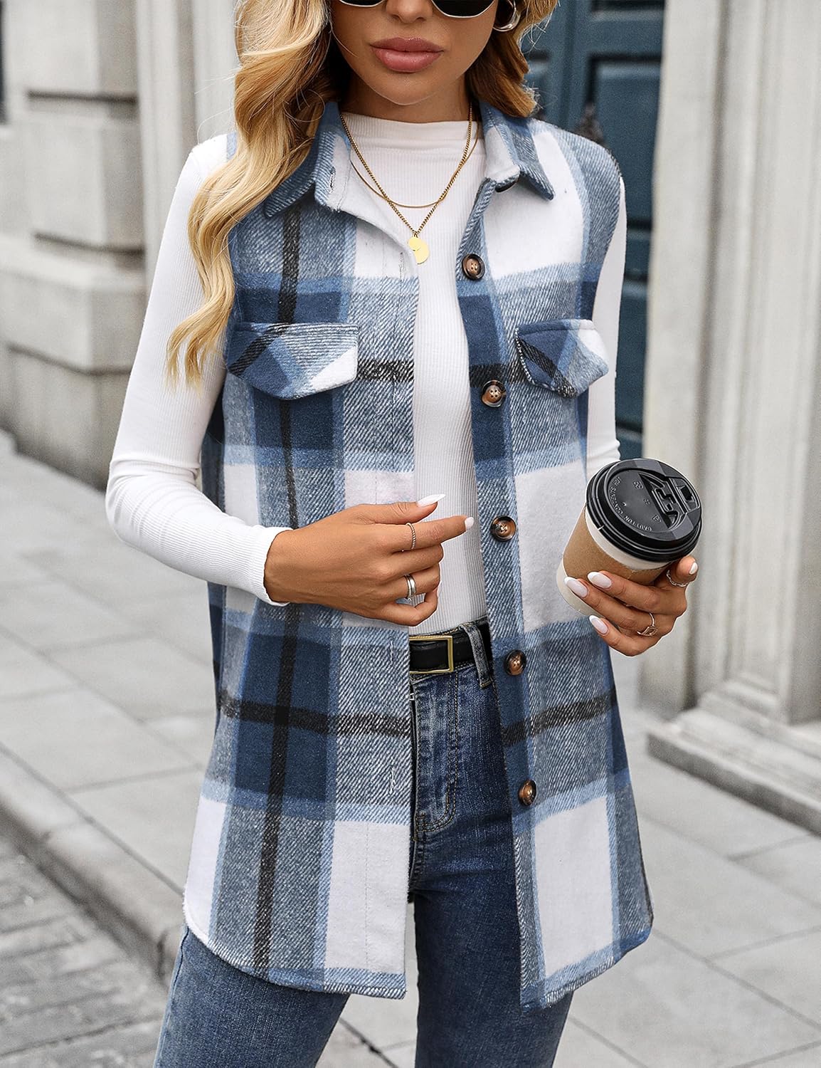ZILIN Women's Flannel Plaid Vest Button Down Sleeveless Shacket Shirt Jacket - Image 3