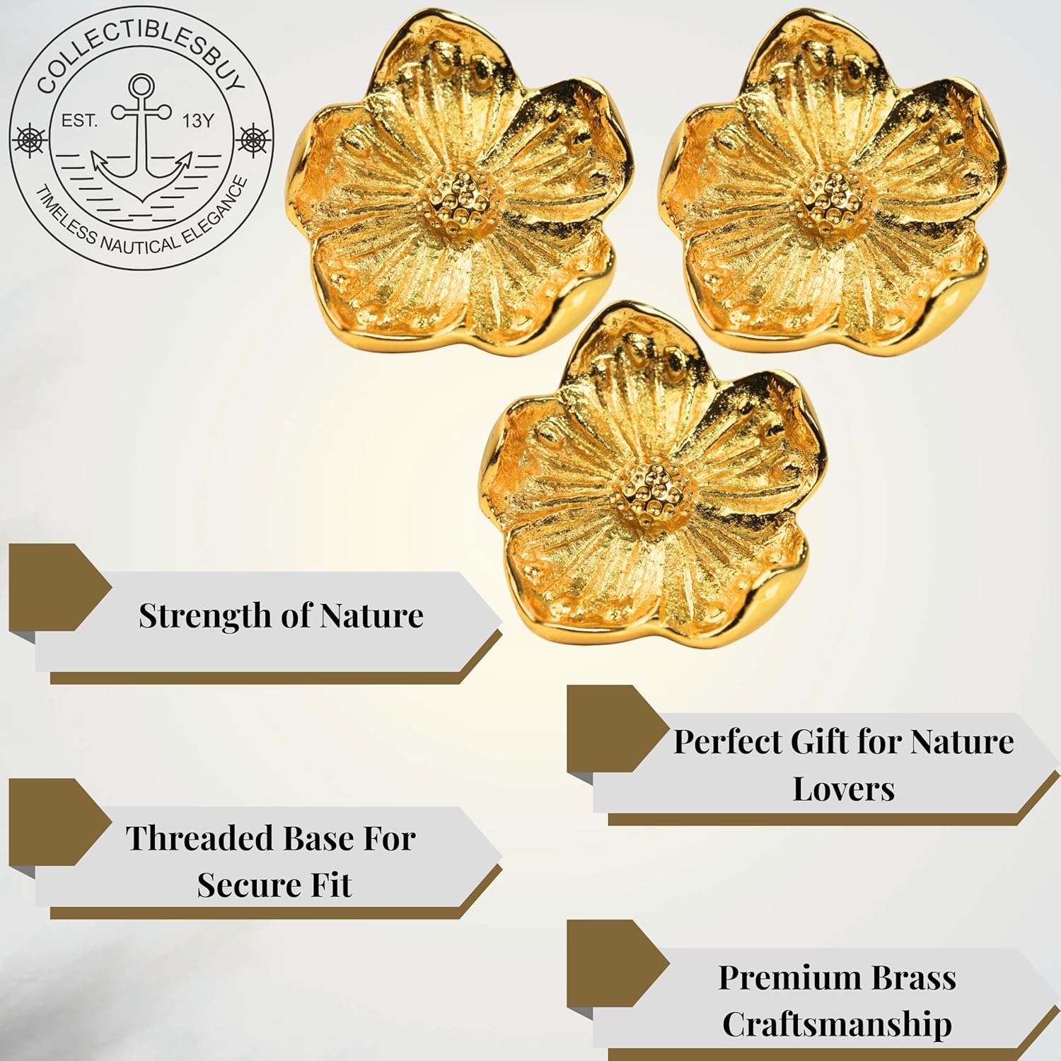 collectiblesBuy Golden Brass Floral Cabinet Knobs Set of 3 Handmade Vintage Drawer Pull Handles for Kitchen Bathroom Dresser & Cupboard Decorative Hardware