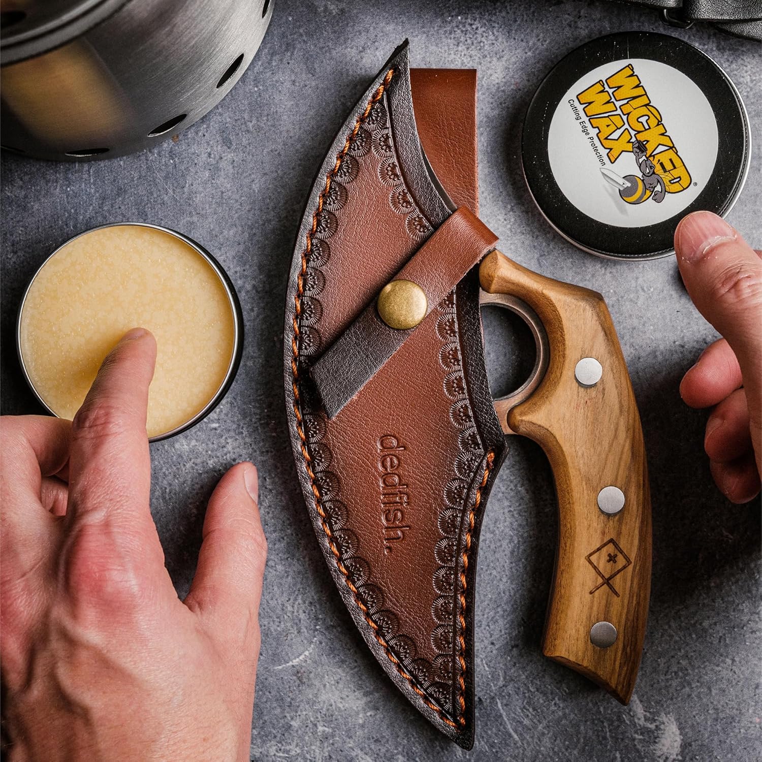 Olive Wood Handle Crescent Blade Ulu Knife with Leather Sheath - Multi-Purpose Knife Alaska Ulu Stainless Steel Blade, Pizza Cutter Veggie Slicer Kitchen Chopping, Regular, Brown, Silver