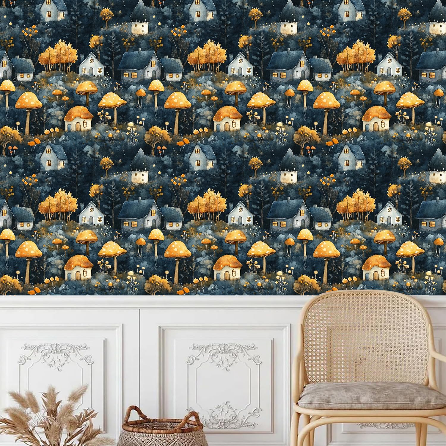 Cartoon Forest Peel and Stick Wallpaper 17.3"x118" Mushrooms Hut Canvas Fabrics Self Adhesive Easy Peel Off Waterproof Contact Wall Stickers Murals for Bedroom Staircase Drawers