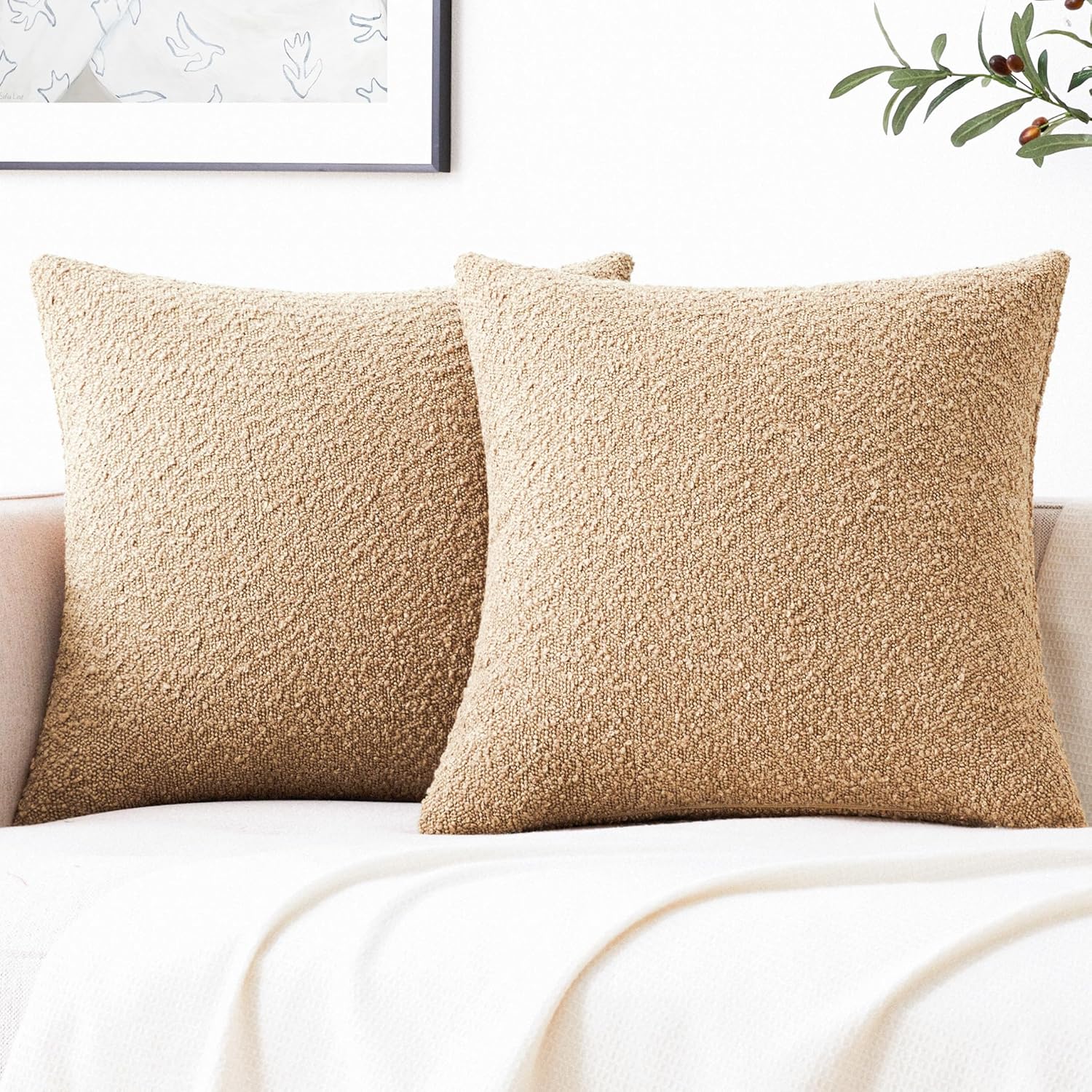 Mixhug Decorative Boucle Throw Pillow Covers, Tobacco Brown, 20 x 20 Inches, Pack of 2 - Textured Boho Pillow Covers for Couch and Bed