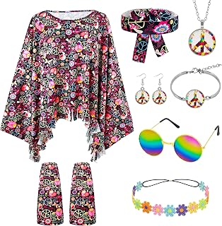 YMIFEEY Karneval Kostüm Damen, Faschingskostüme Hippie Kleidung 60 70er Jahre Outfit mit Hippie Accessoires, Disco Outfit Damen Poncho Karnevalskostüm für Karneval Cosplay Mottoparty
