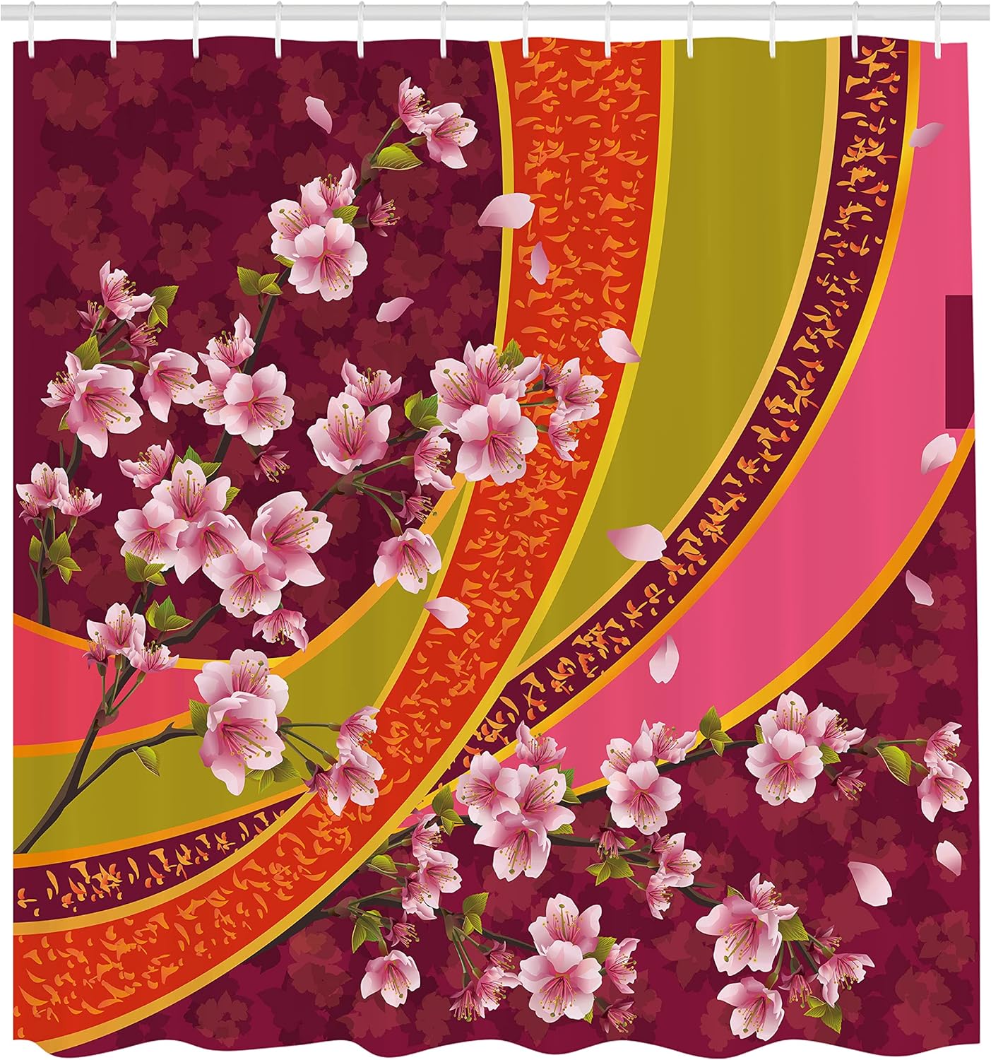 Ambesonne Flower Shower Curtain, Oriental Backdrop Sakura Blossom Japanese Cherry Tree Print, Cloth Fabric Bathroom Decor Set with Hooks, 69" W x 75" L, Pale Pink Orange