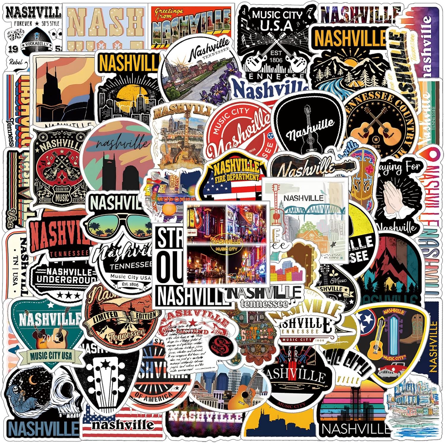 62Pcs Nashville Tennessee Stickers Pack, Music City USA State Travel Aesthetic Vinyl Waterproof Sticker Decals for Water Bottle,Laptop,Phone,Scrapbooking,Luggage,Suitcase