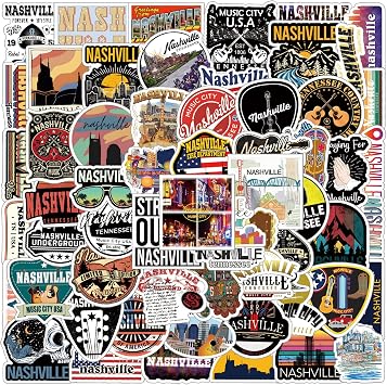62Pcs Nashville Tennessee Stickers Pack, Music City USA State Travel Aesthetic Vinyl Waterproof Sticker Decals for Water Bottle,Laptop,Phone,Scrapbooking,Luggage,Suitcase Gifts for Adults Teens Kids