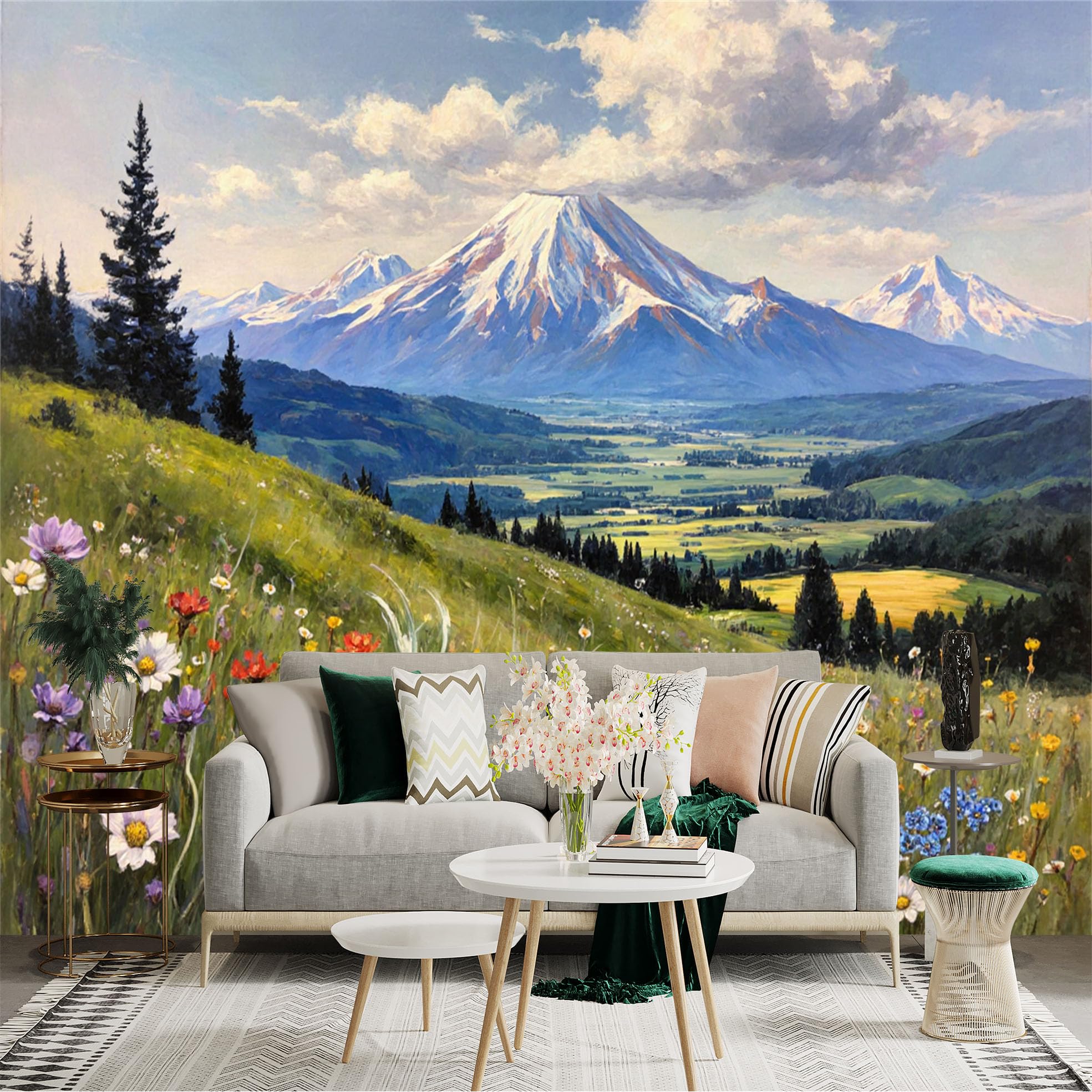 Lnzczhyre Xc260505121 Custom Size Wall Sticker Mural， Snow Capped Mountain Peak， Vast Highland Valley， Colorful Wildflower Meadow， Scenic Alpine Landscape， For Wall Decoration， Peelandstick Wall Decals.