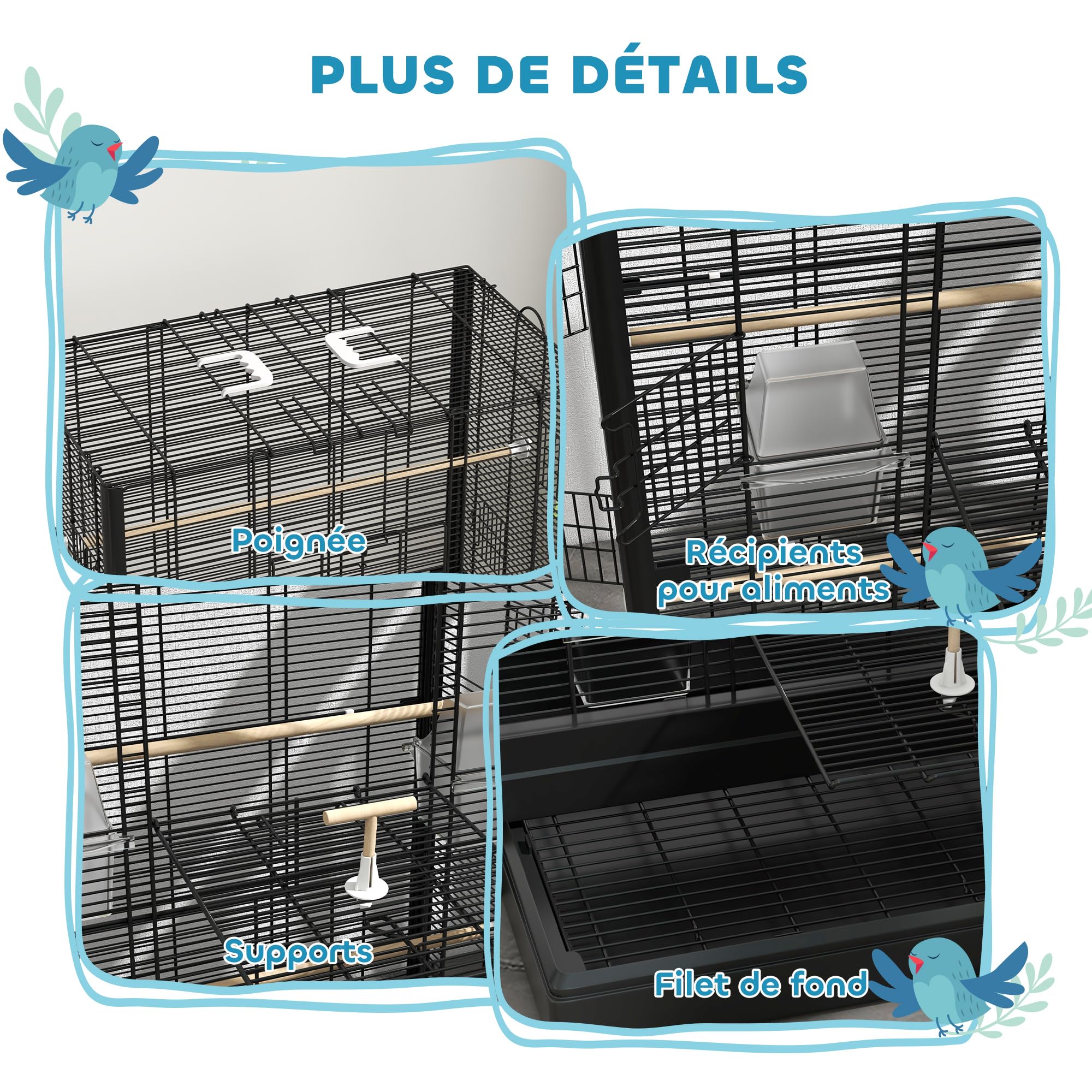 PawHut Cage à Oiseaux Volière avec Portes Perchoirs 61 x 36,5 x 98 cm Noir
