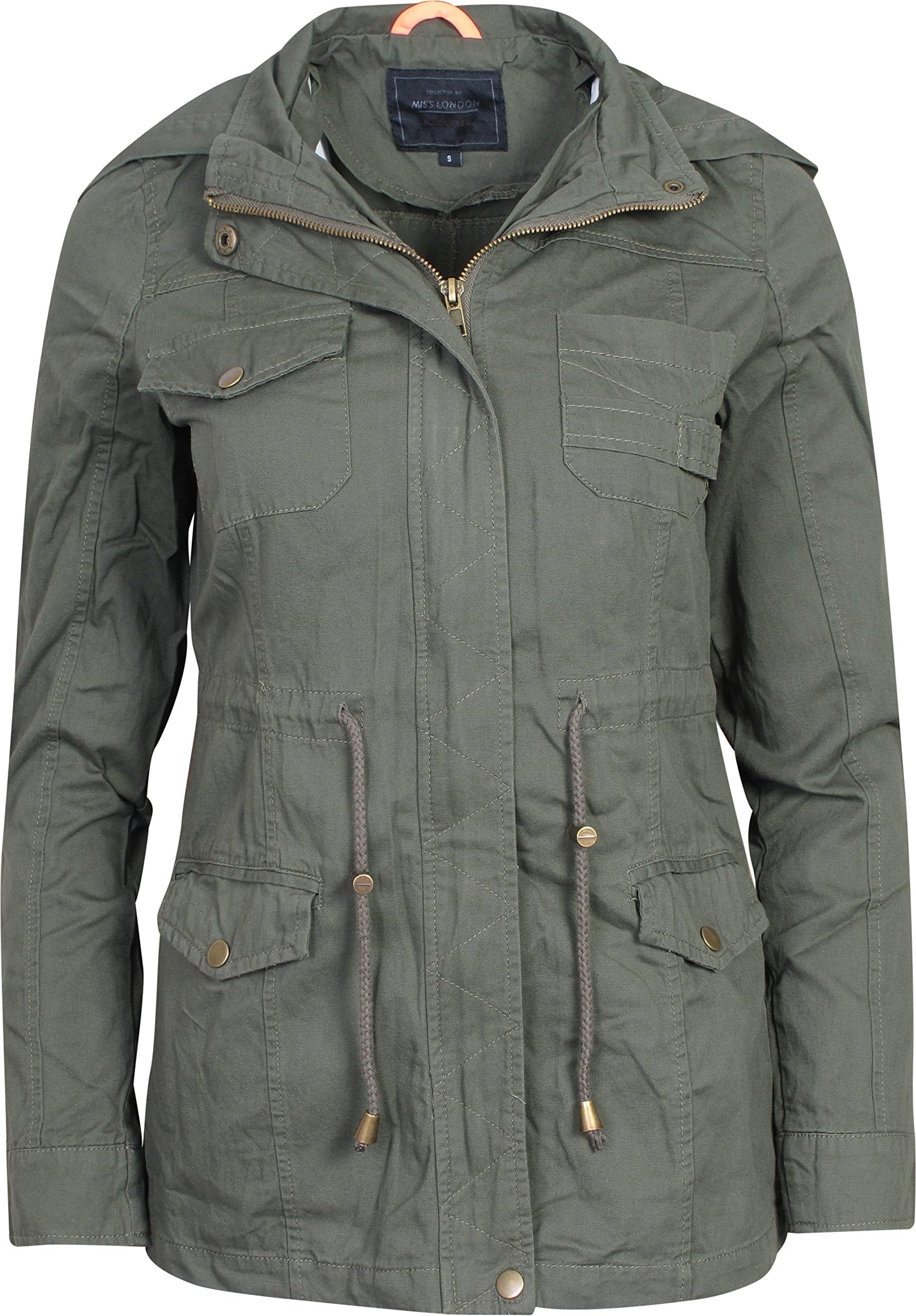 'Miss London Women\'s Military Anorak Safari Hoodie Jacket, Olive, Medium'