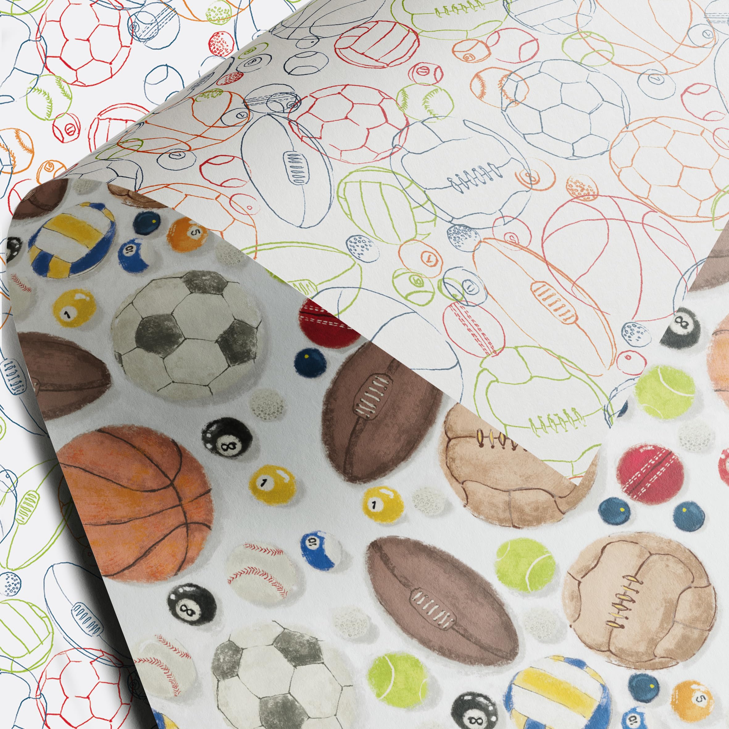 Sports balls wrapping paper | 3 Premium Gift Wrap Sheets | delivered in tube (not folded) | luxury 110gsm 50 x 70cm double sided gift wrapping | Printed in the UK and fully recyclable paper
