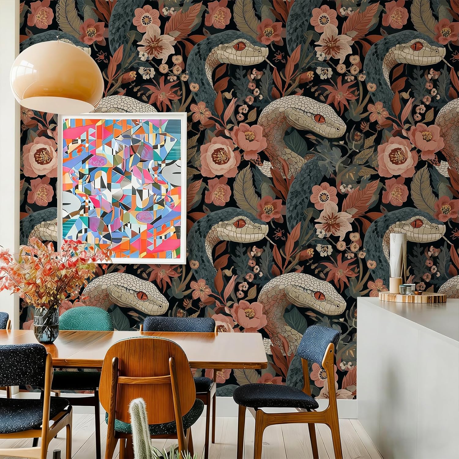 Stickorama Boho Floral Leaf Snake Jungle Animal Peel and Stick Wallpaper Self Adhesive 17.72" X 236.2" Forest Wall Paper Renter Friendly Removable Waterproof for Living Room Bedroom Cabinets
