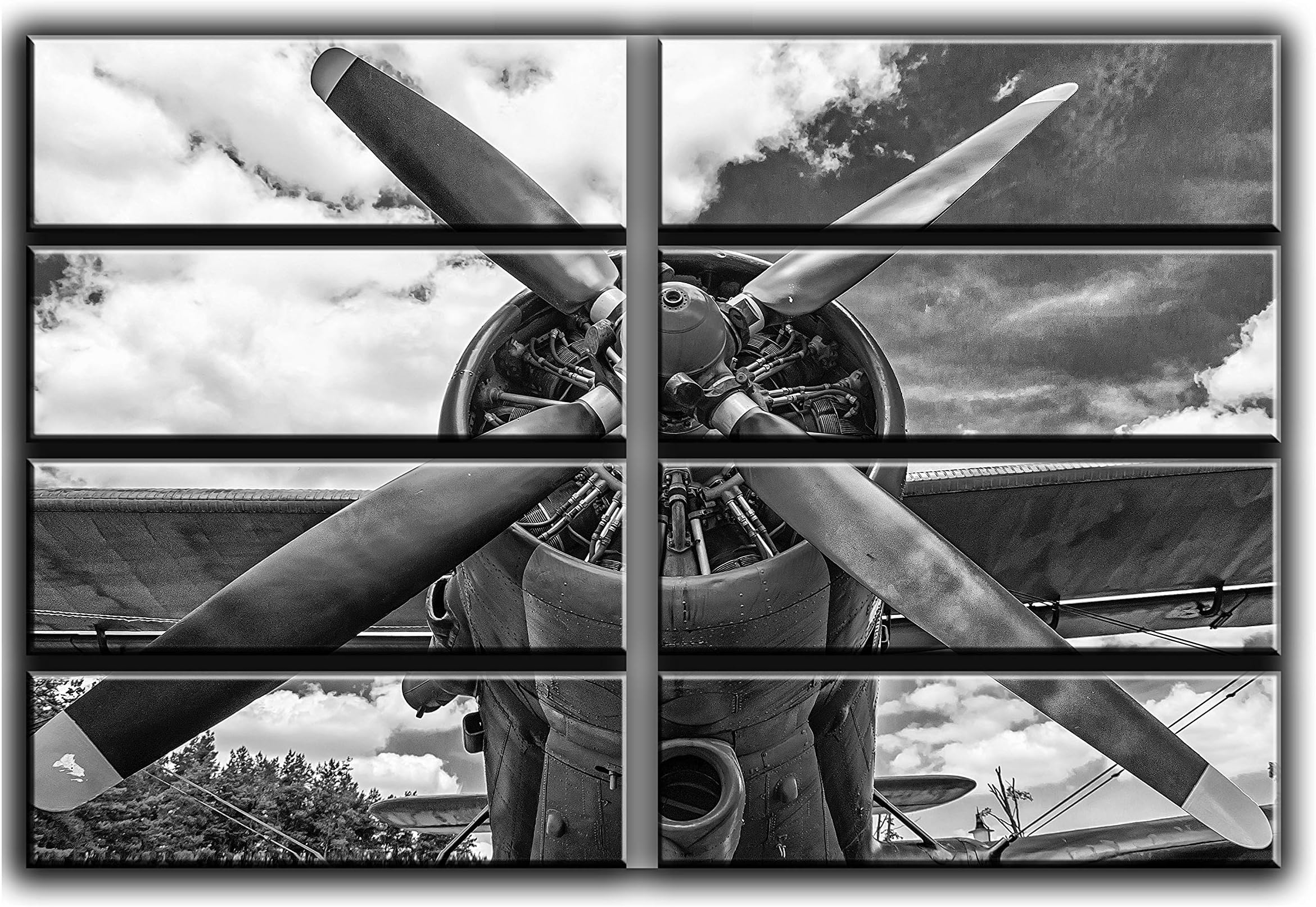x-Large 8 Huge Piece Vintage Airplane Prop Wall Art Decor Picture Painting Poster Print on Canvas Panels Pieces - Aviation Theme Wall Decoration Set - Propeller Wall Picture for Living Room Office