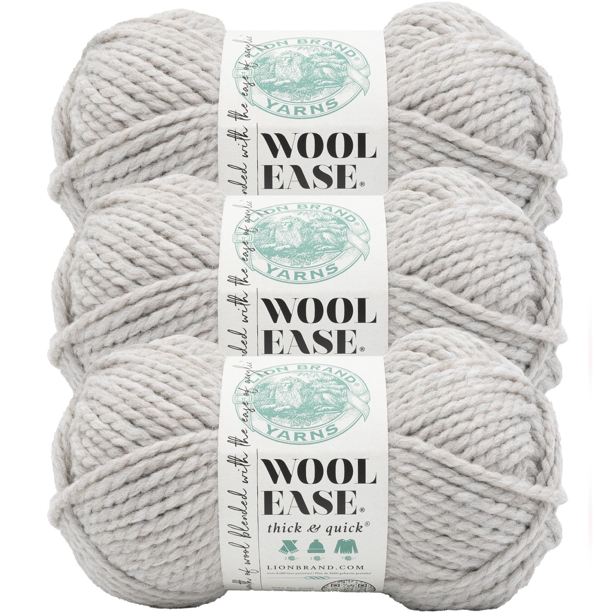 Lion Brand Yarn, Wool-Ease Thick & Quick Yarn, Parchment, Gray, 3 Pack — image 1