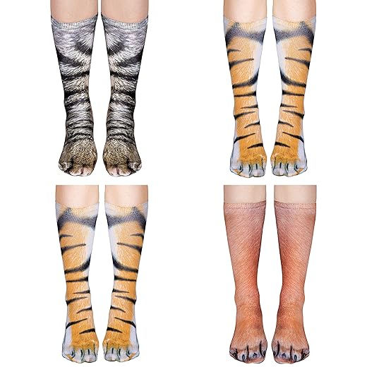 4 Pairs Animal Paw Socks Unisex 3D Print Cat Dog Tiger Novelty Stockings for Women Men White Elephant Gag Gifts Prank Christmas Party Favors