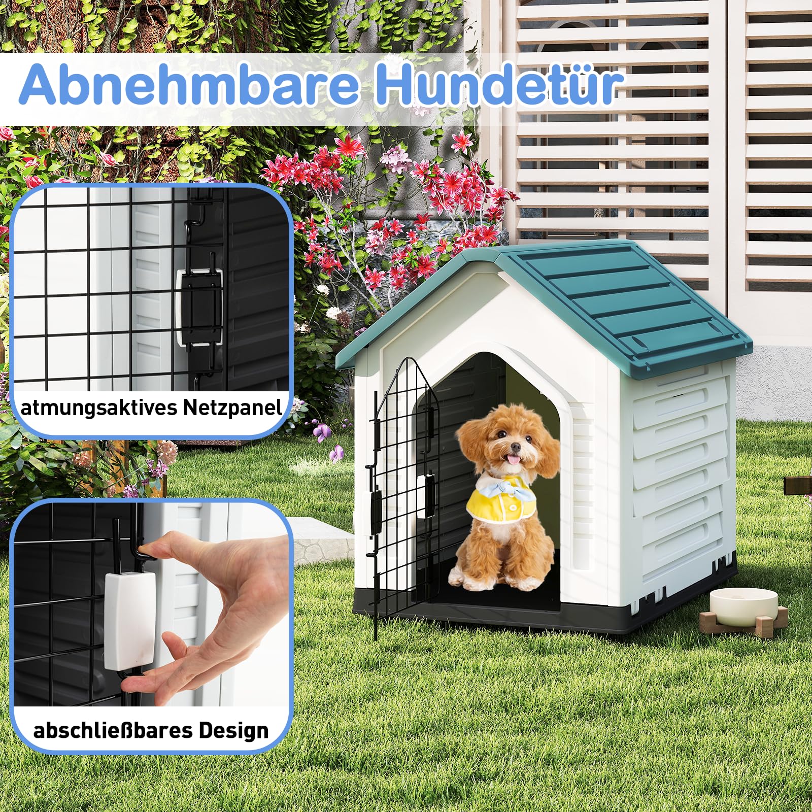 GOPLUS Hundehütte Outdoor, Hundehütte wetterfest mit verschließbarer Gittertür & erhöhter Boden, Luftventile, Schrägdach, Hundekäfig Indoor, Haustierhaus Zuhause für Hunde & Katzen (Blau)