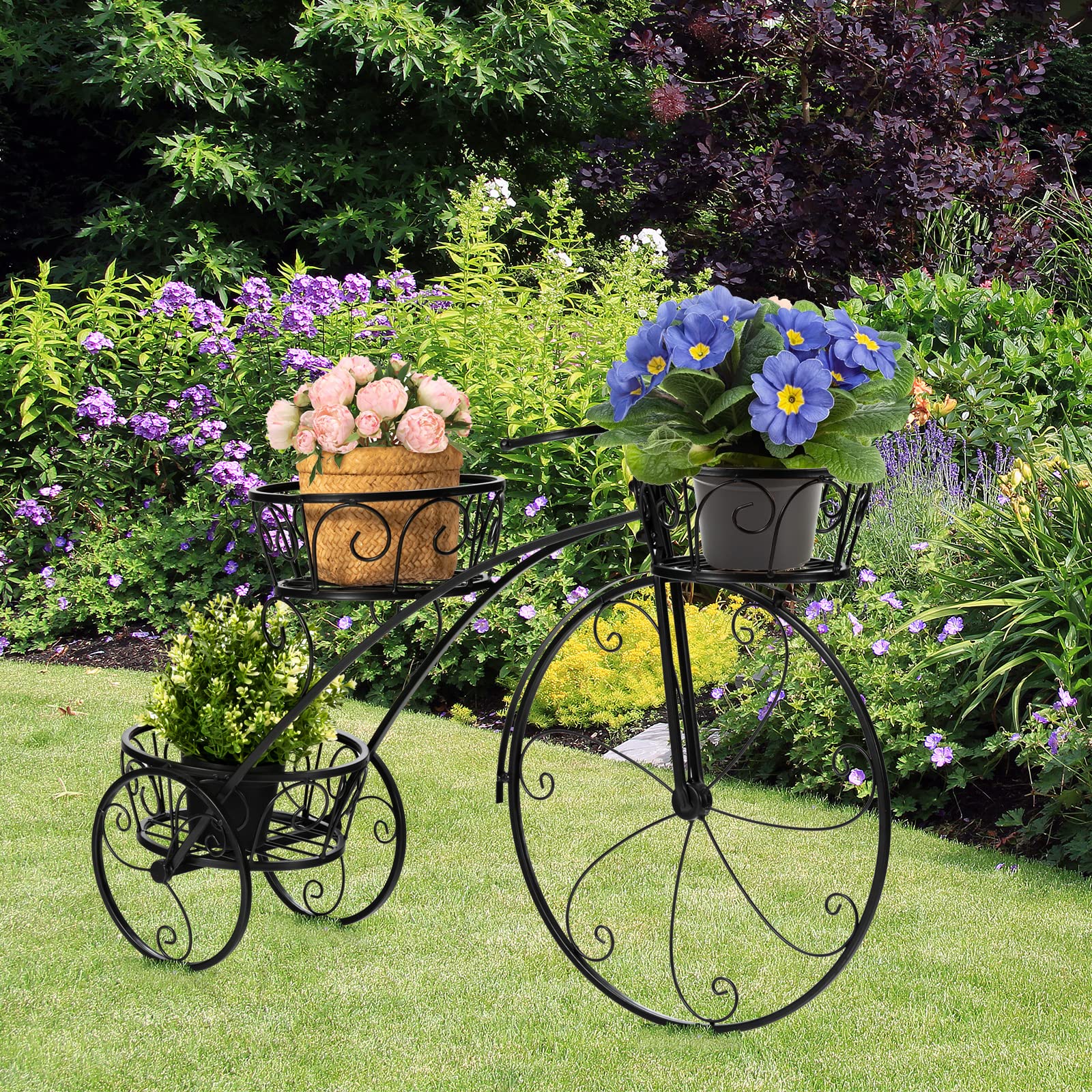 HOMASIS Support de fleurs en forme de vélo, escalier de plantes en métal avec 3 niveaux, escalier de plantes style vintage pour jardin, balcon, bureau, étagère à fleurs 80x25x52cm (Noir)