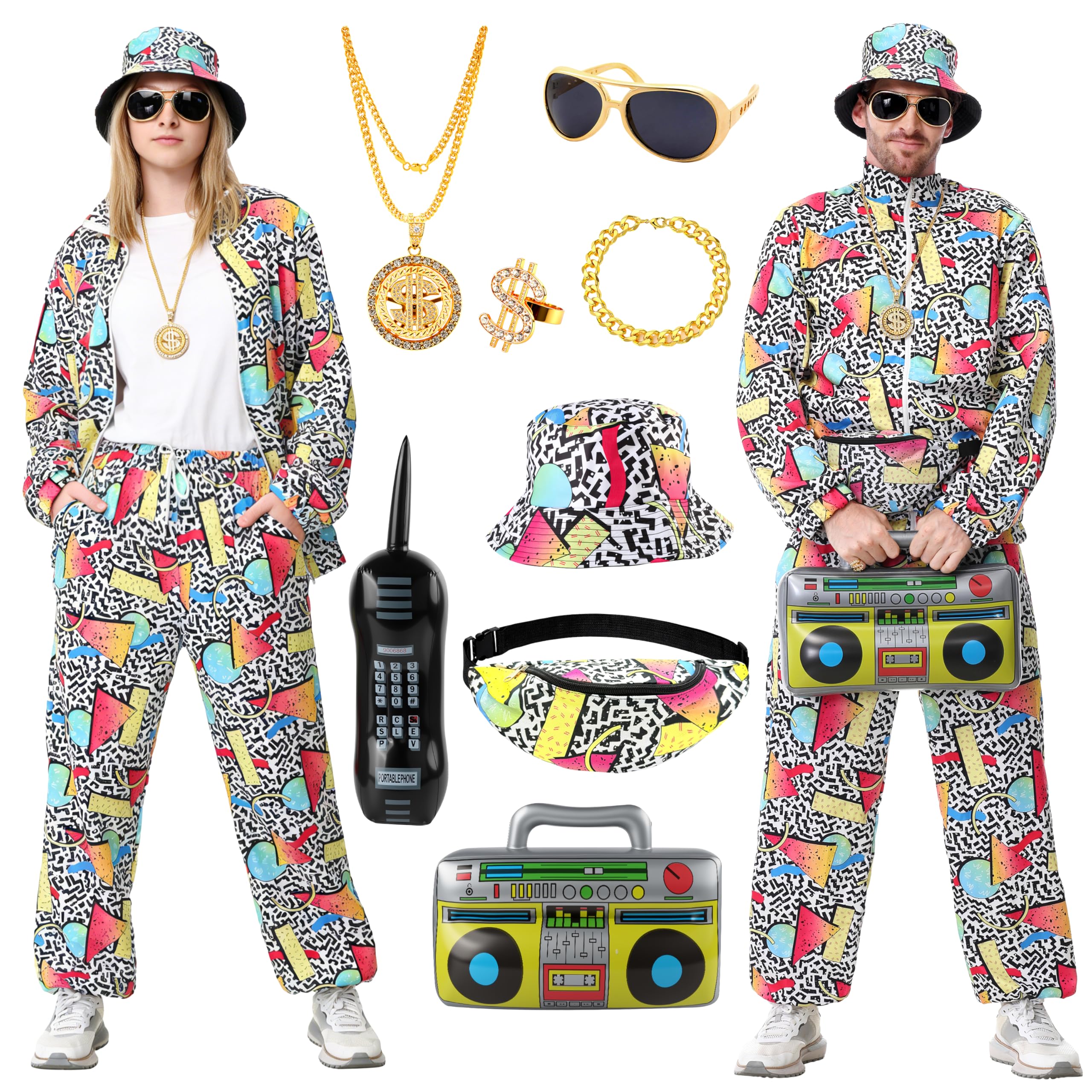 MOMOSTAR Estilo Años 80-90 Hip-Hop Blanco Ropa Deportiva para Hombres y Mujeres Adecuada para Reuniones Festivas y Vestimenta Laboral Cotidiana Incluye Accesorios Festivos