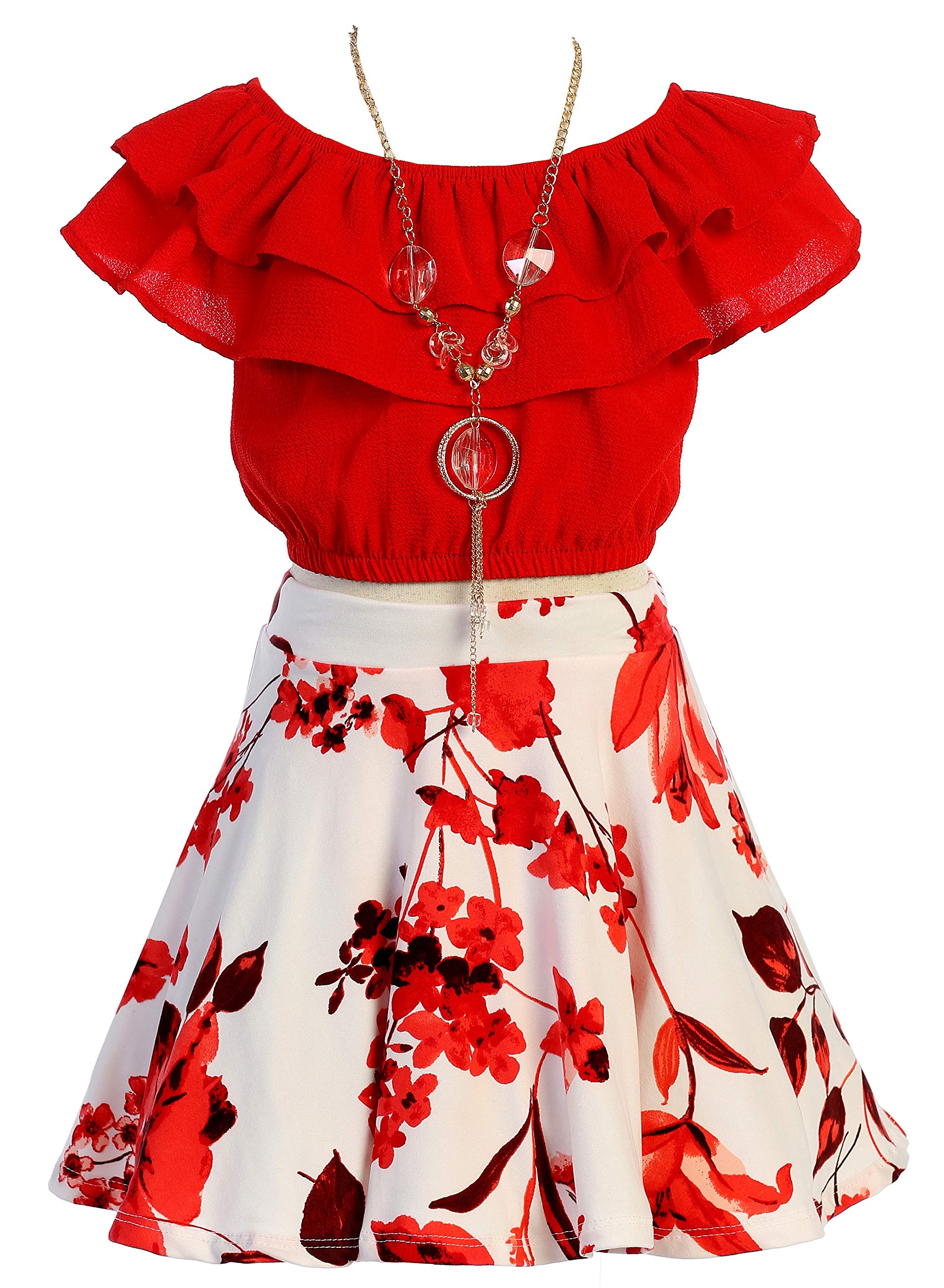 iGirlDress Girls Off Shoulder Crop Ruffle Layered Top and Skirt Set Outfit USA 4-14