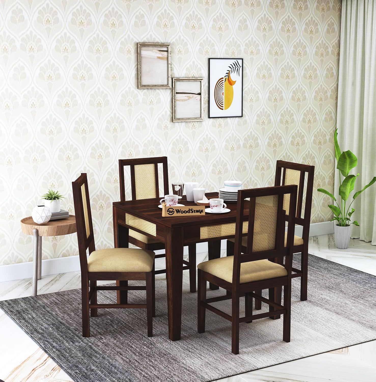 WOODSTAGE Sheesham Wood 4 Seater Cane Jali Dining Table with 4 Cushion
