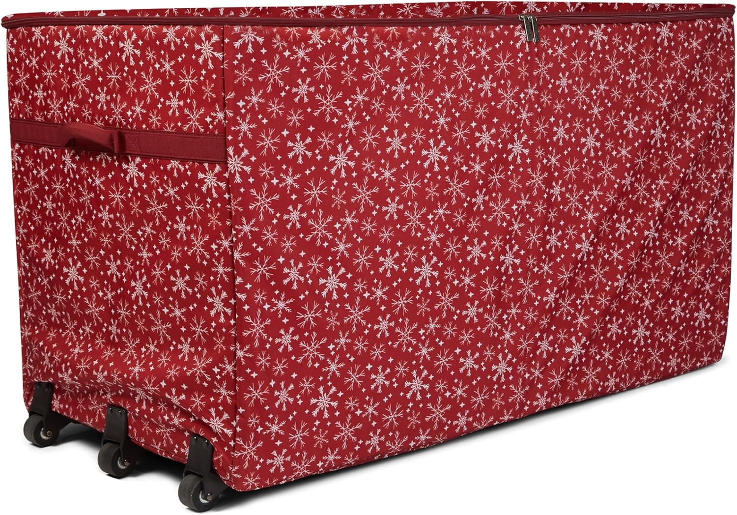 Covermates Keepsakes Christmas Tree Structured Rolling Storage Bag – Heavy-Duty Holiday Storage Container with Wheels, Padded Handles & Sturdy Inserts – Closet & Garage Organization, Red Snowflake