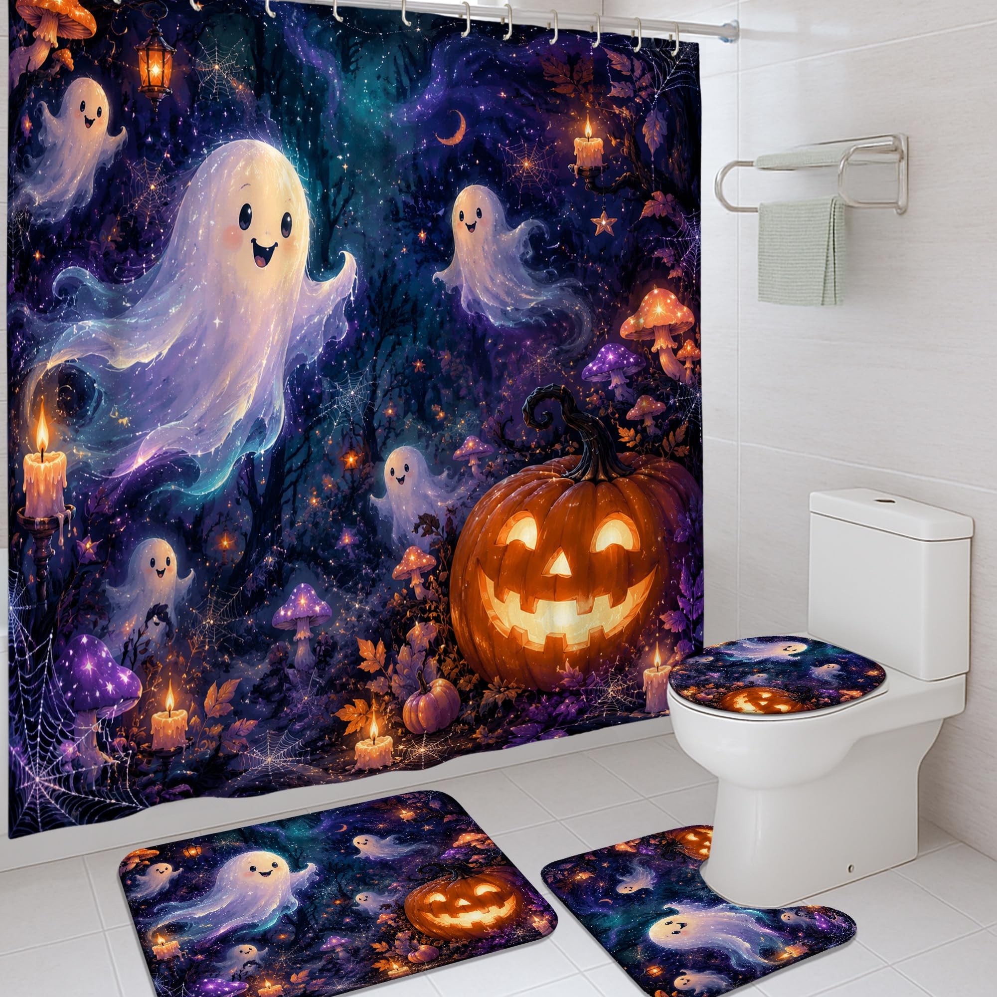 Rideaux de douche fantômes violets tapis de bain Halloween et champignons avec crochets