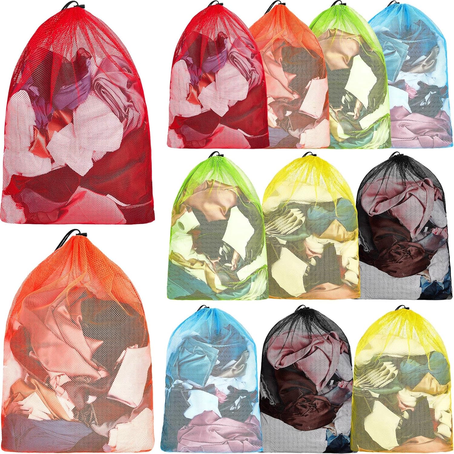 Berlune Large Laundry Bag Colorful Extra Large Mesh Laundry Bag Bulk with Drawstring Heavy Duty Mesh Machine Washable Drawstring Pouch(12 Pcs,32 * 24in)
