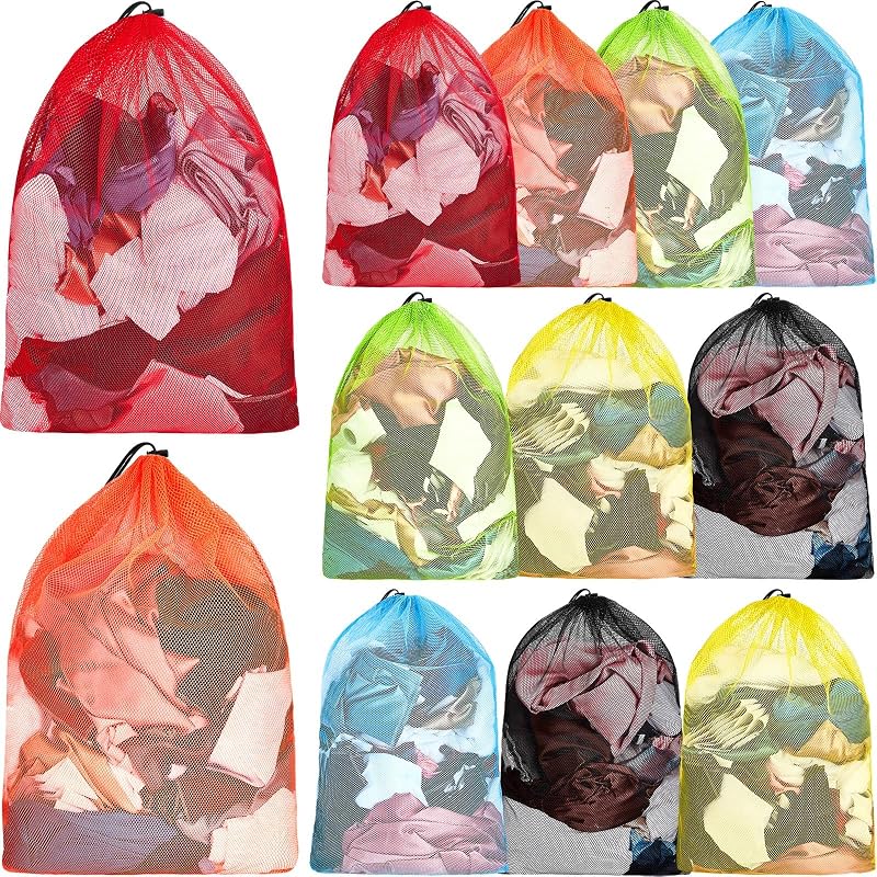 12 Pcs 32 x 24 in Large Laundry Bag Colorful Extra Large Mesh Laundry Bag Bulk with Drawstring Heavy Duty Mesh Machine Washable Drawstring Pouch for Clothing Classification Dorms, Laundromats