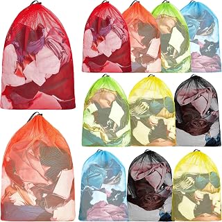 12 Pcs 32 x 24 in Large Laundry Bag Colorful Extra Large Mesh Laundry Bag Bulk with Drawstring Heavy Duty Mesh Machine Washable Drawstring Pouch for Clothing Classification Dorms, Laundromats