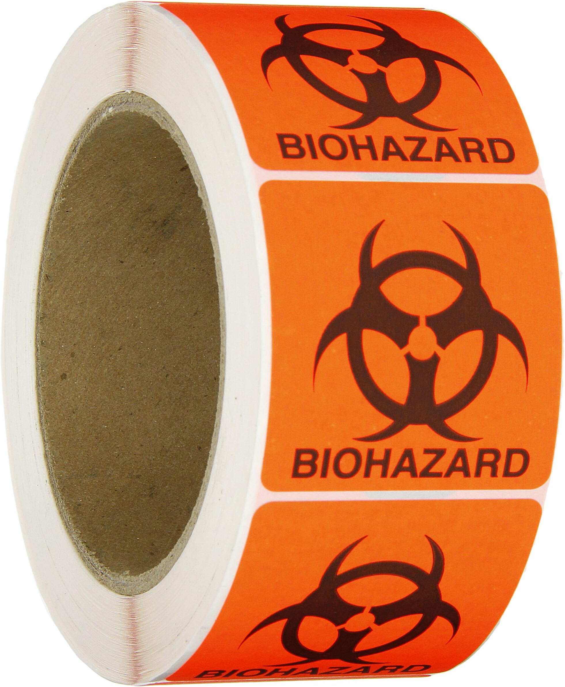 142-0011 Round Cornered Permanent Adhesive Biohazard Warning Label with Black Imprint, Legend "Biohazard" (with Logo), 2" Length x 2" Width, for Identifying and Marking, Fluorescent Red/Orange (Roll of 500)