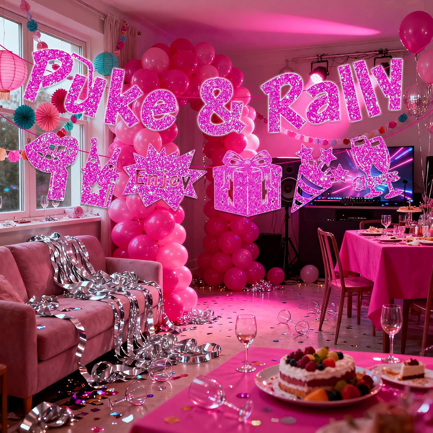 Puke and Rally Party Decorations Banner - Glitter Decoration with Banners Garland for Women, Funny Party Supplies for Bachelorette Birthday Wedding