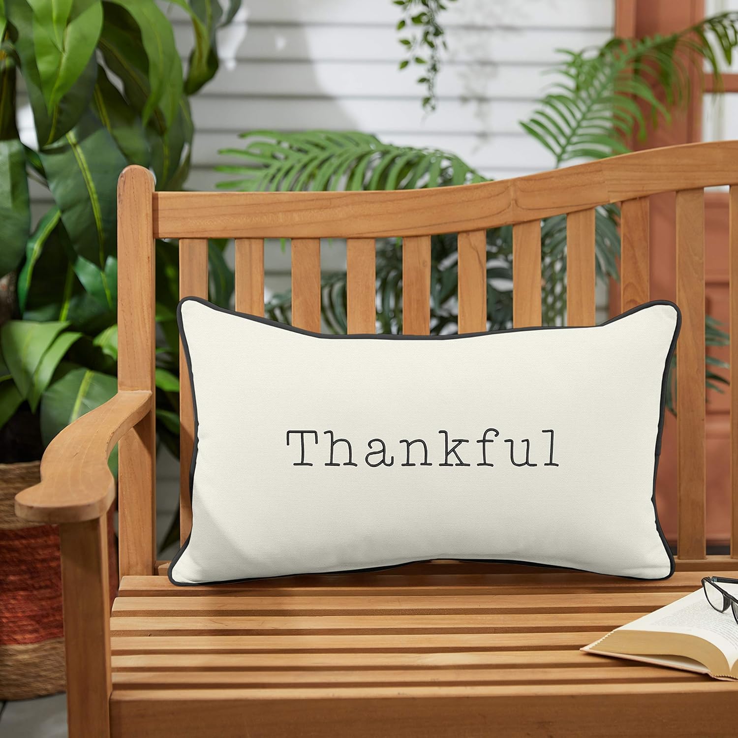 Sorra Home Thankful Indoor/Outdoor Pillow, 13 x 20 x 6 inches, Natural, Black