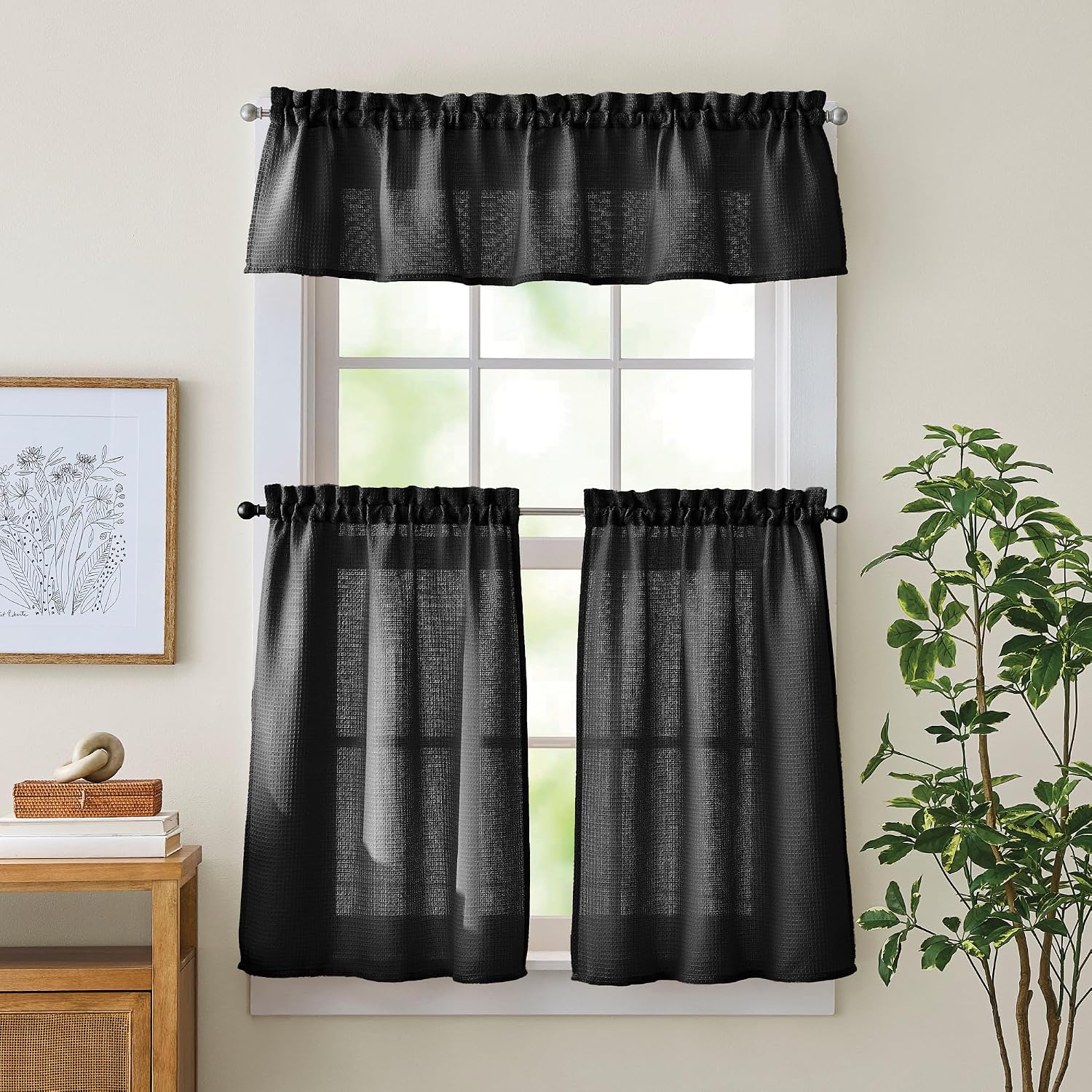 Curtainworks Waffle Weave Tier & Valance Set, 58 x 36 in, White, 3-Piece