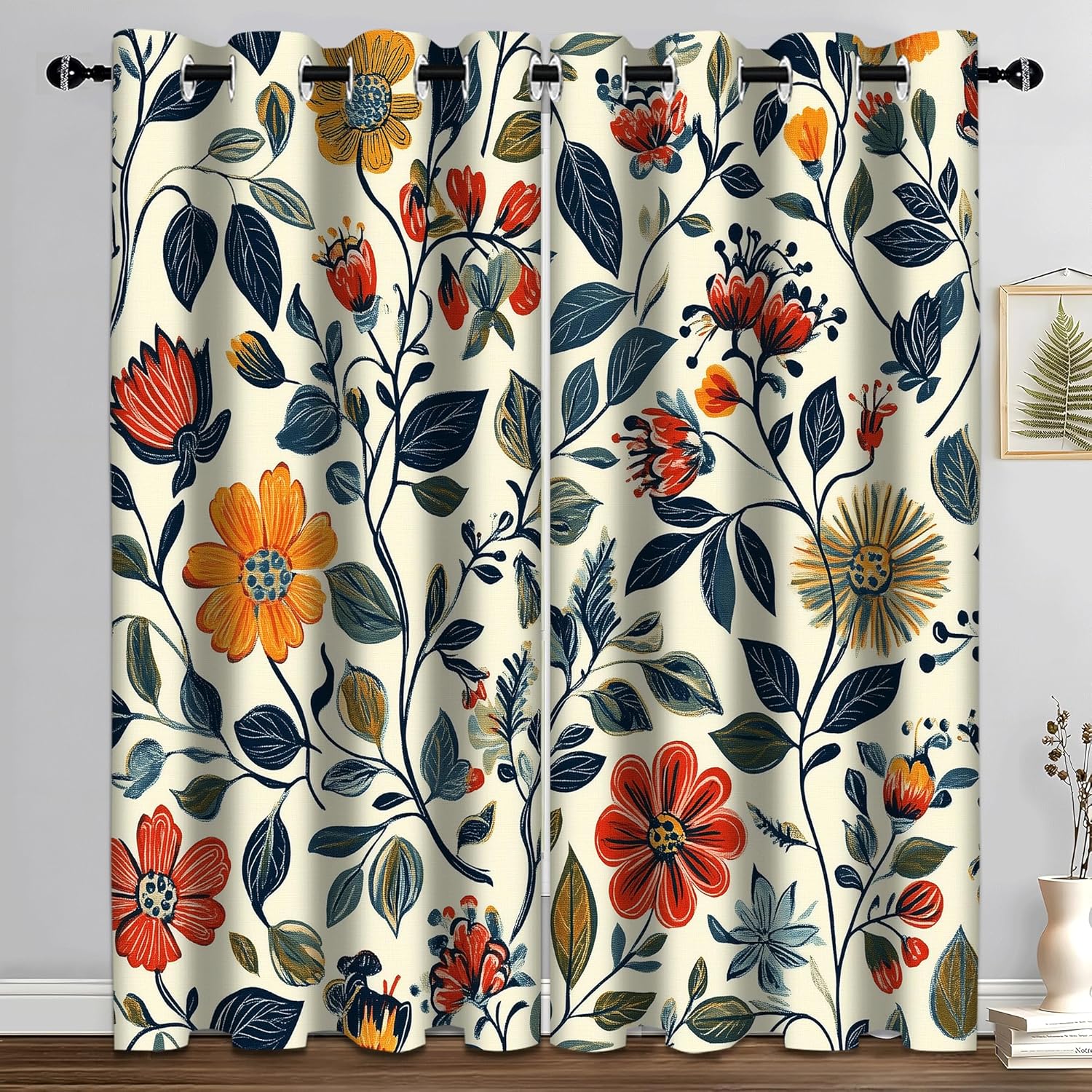iTapnoom Floral Leaves Blackout Curtain, Red Yellow Boho Flowers Aesthetic Art Window Curtains Darkening Thermal Insulated Grommet Window Drapes for Living Room Bedroom Decor 2 Panels 52x84 Inches