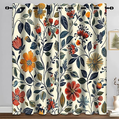 Miniatura 2 de iTapnoom Cortinas opacas con hojas florales, flores bohemias rojas y amarillas, cortinas de ventana de arte estético para oscurecer con aislamiento