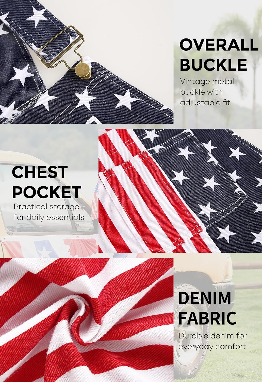 Mainfini Men's American Flag Bibs Overalls Denim 4th of July Patriotic Coveralls with Pockets (S-XXL)