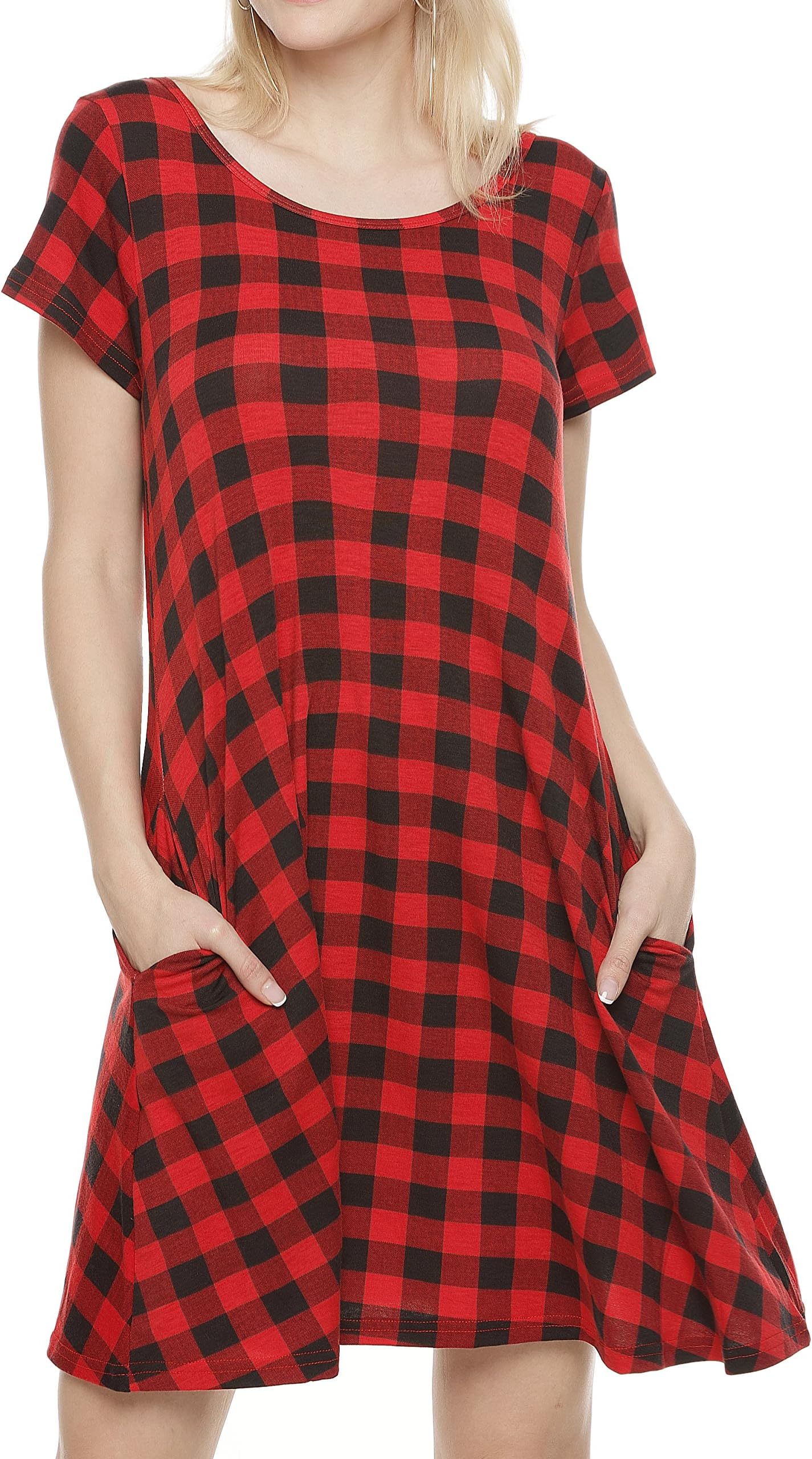 Women's Vintage Dresses with Sleeves, Short Sleeve Plaid Dresses for Women Plus Size, Dresses with Pockets for Women