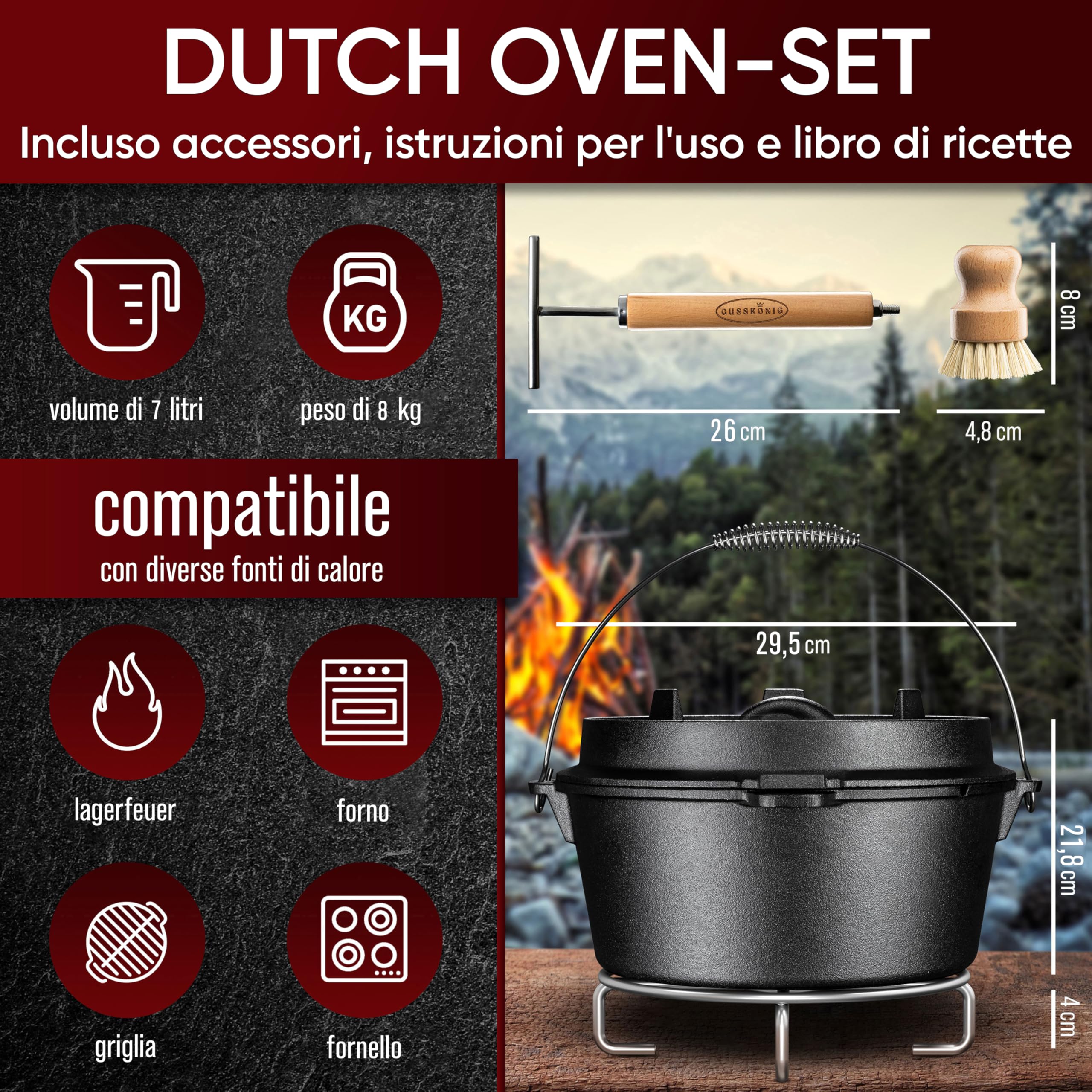 GUSSKÖNIG Set di pentole in ghisa con coperchio- 7 Litri-senza piedini -Teglia per il pane in ghisa-Incluso sollevatore del coperchio 2in1,spazzola e ricettario per il forno olandese [per3-5 persone]