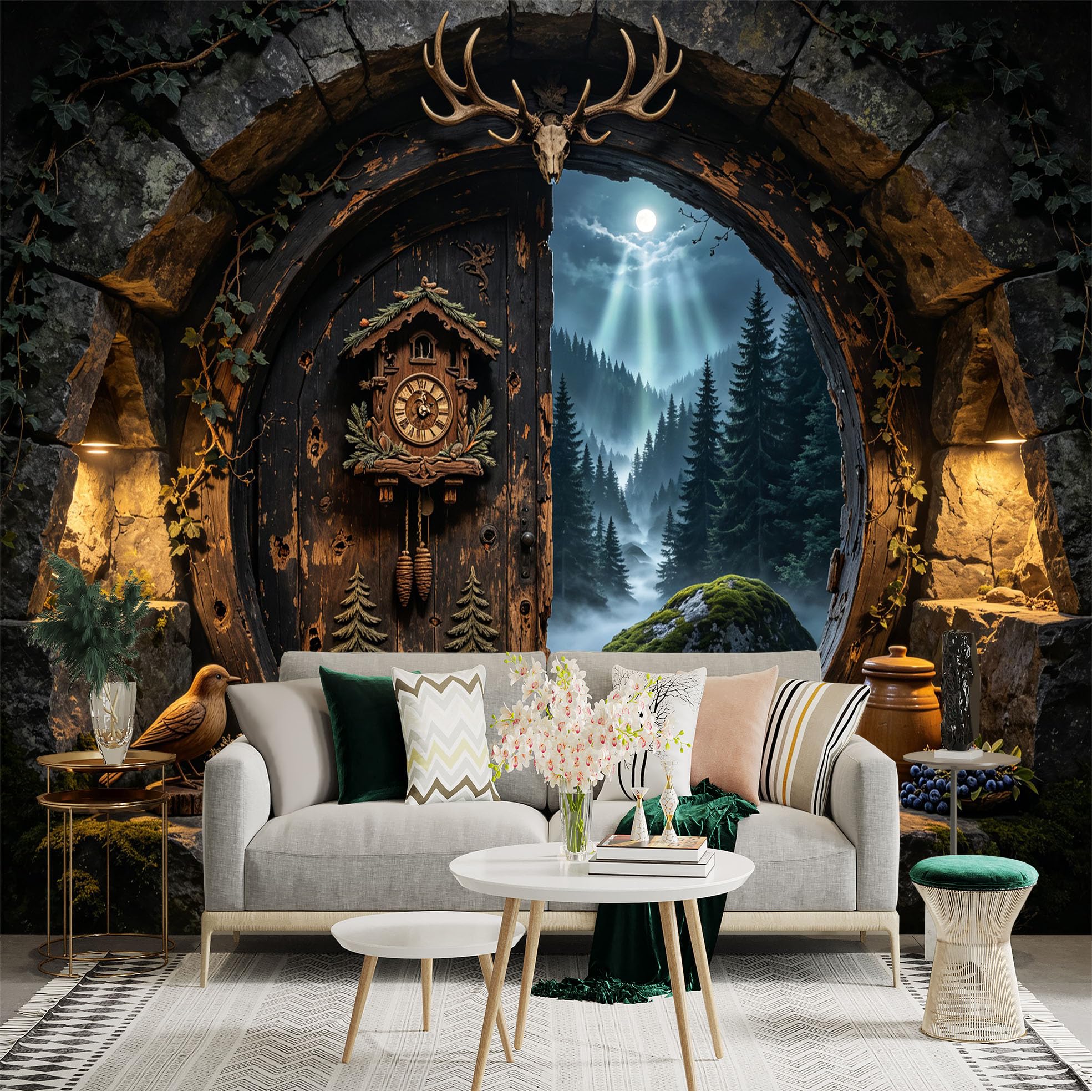 Custom Size Wall Sticker Mural， Rustic Forest Moonlight Wooden Door and Deer Antlers， for wall Decoration， peelandstick wall Decals.